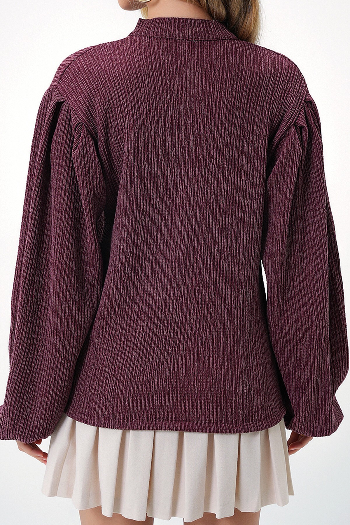 Bordo Hakim Yaka Önü Düğmeli Balon Kol Dokulu Bürümcük Gömlek Bluz