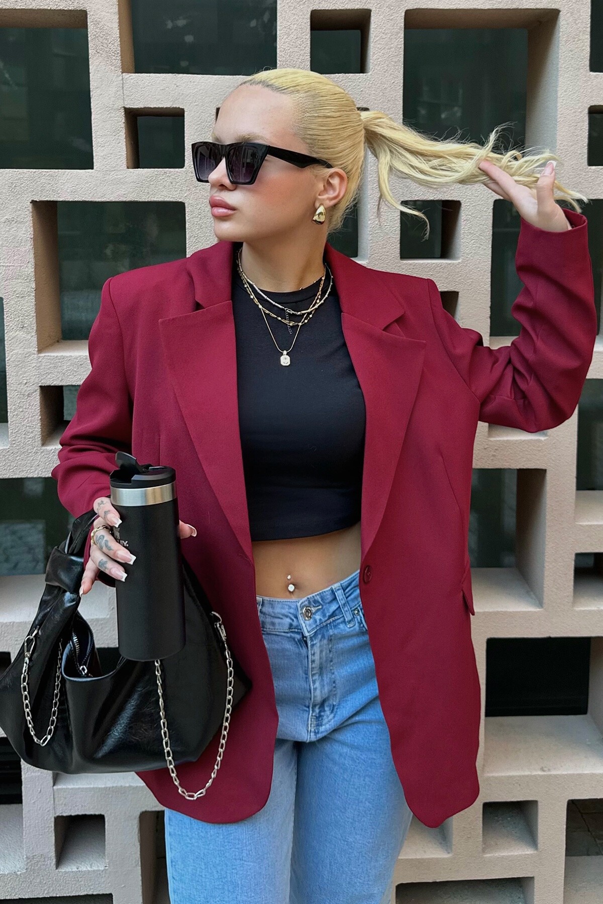 Bordo İçi Astarlı Düğme Kapamalı Blazer Ceket