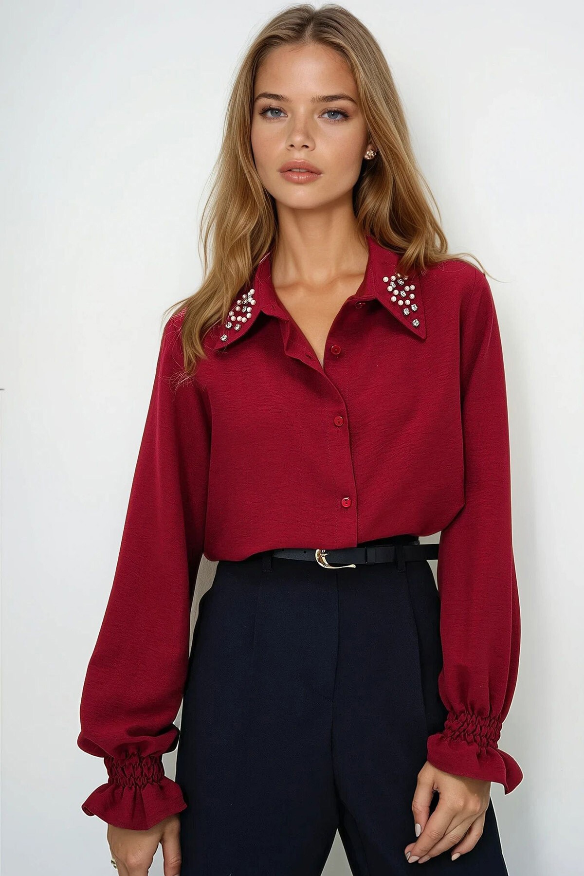 Bordo İnci Ve Taş İşlemeli Aerobin Gömlek