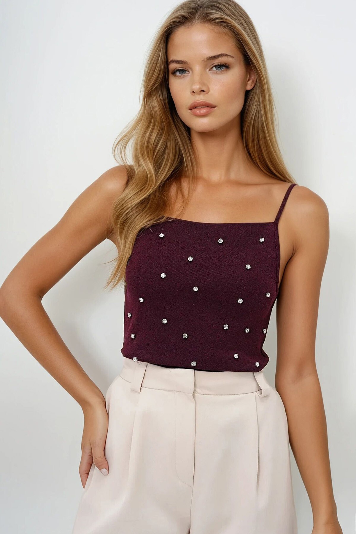 Bordo Kare Yaka Trok Taş Çakımlı İp Askılı Bluz