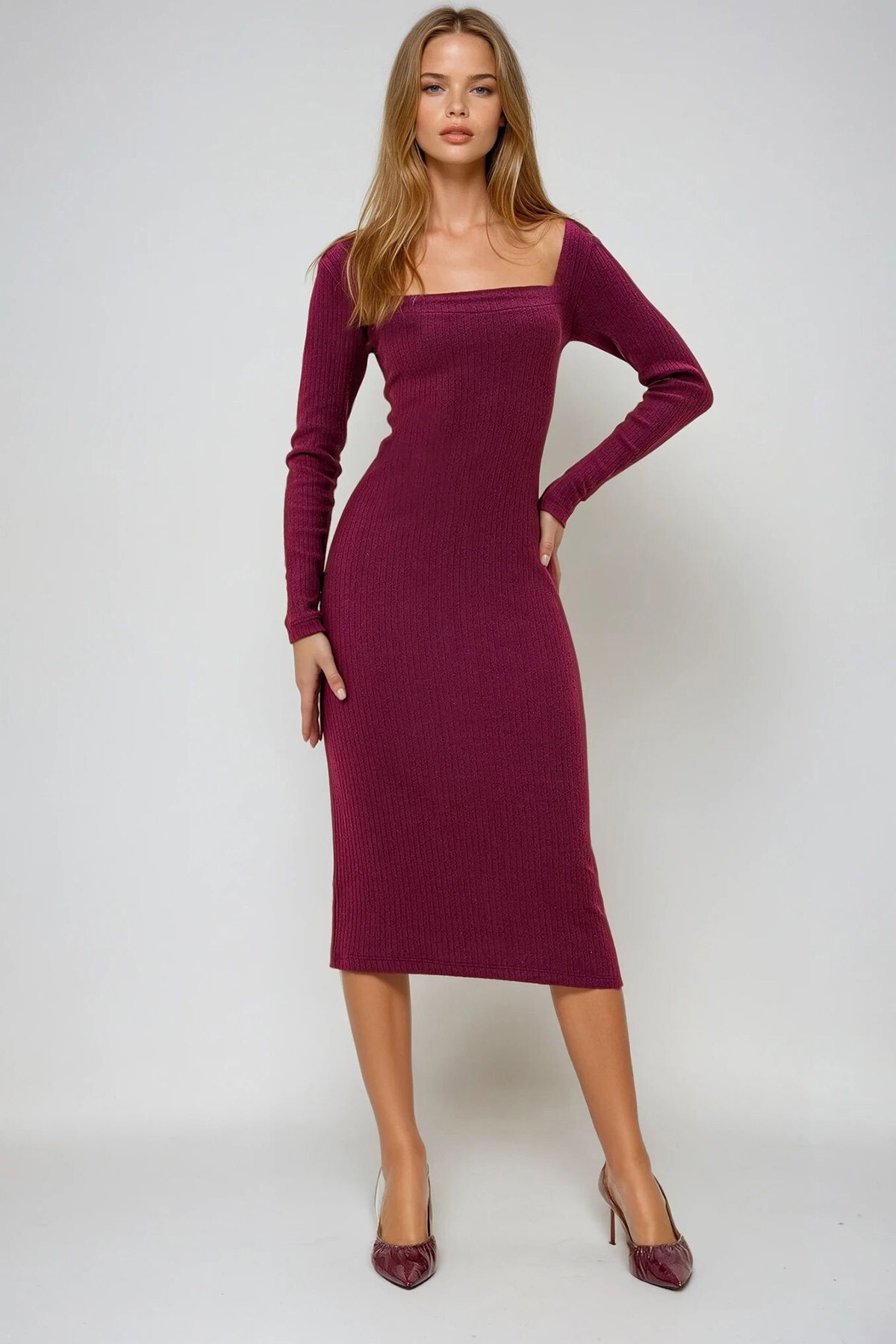 Bordo Kare Yaka Uzun Kol Midi Boy İnterlok Kumaş  Elbise