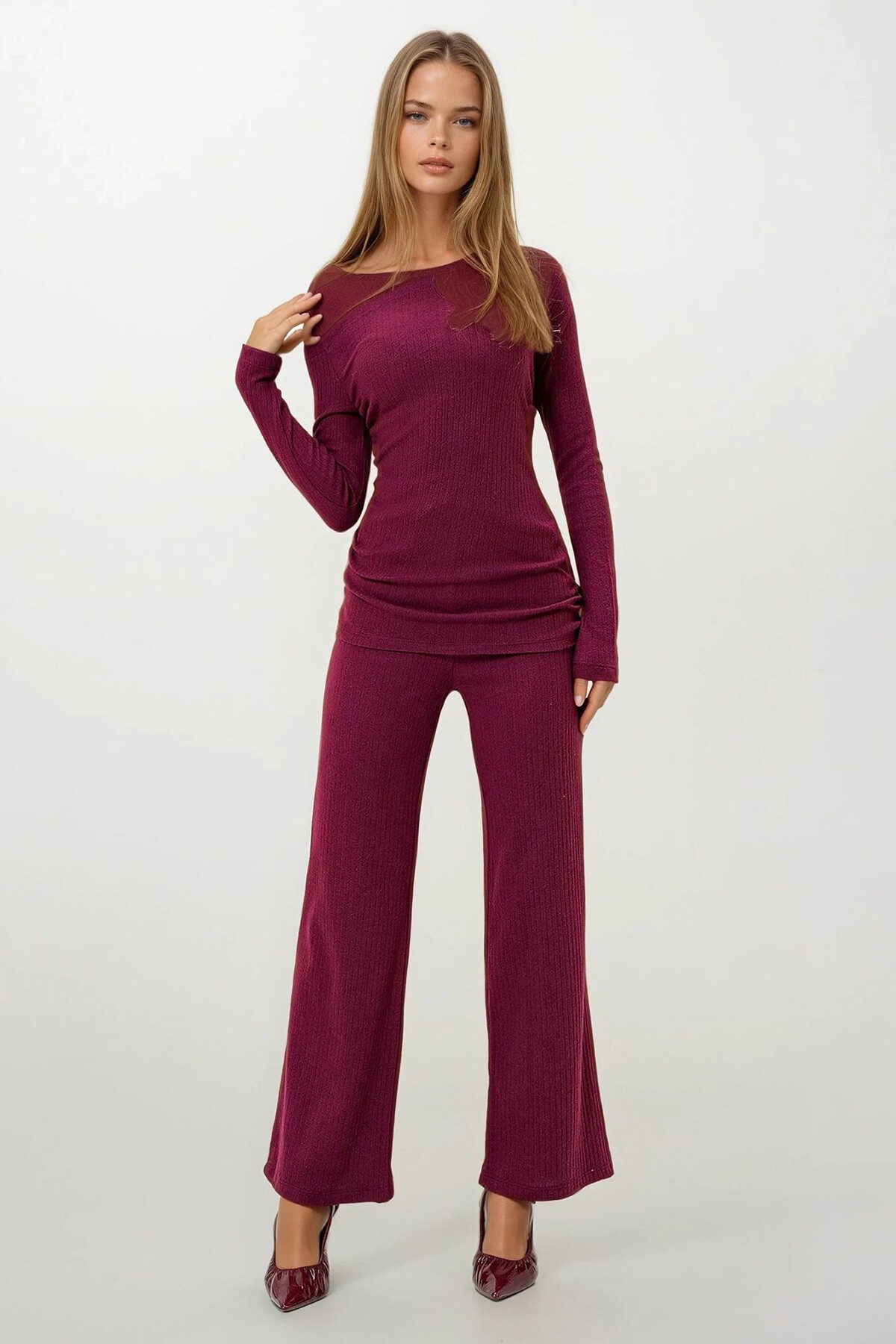 Bordo Kayık Yaka Yanları Drapeli İnterlok Kumaş Bluz Ve Pantolon Takım