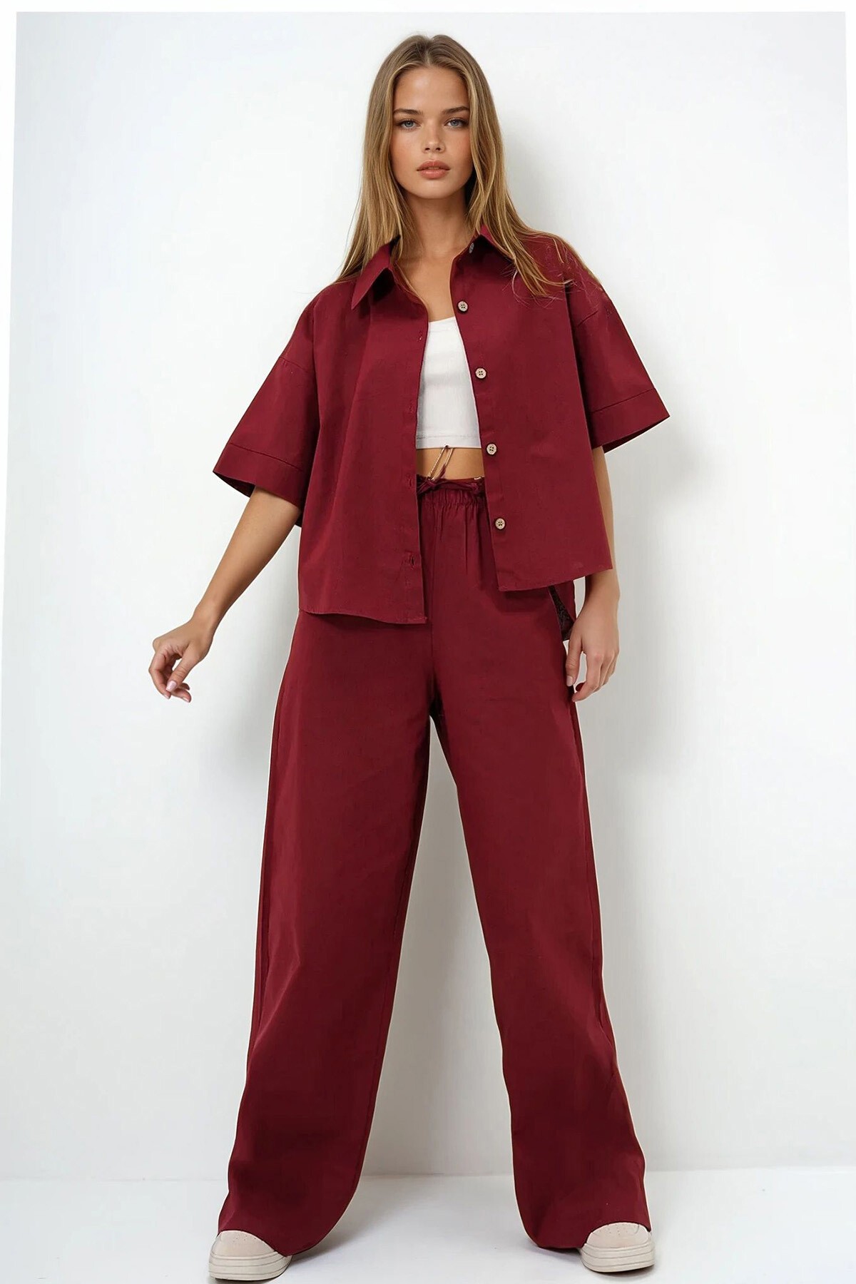 Bordo Keten Gömlek Ve Palazzo Pantolon Takım