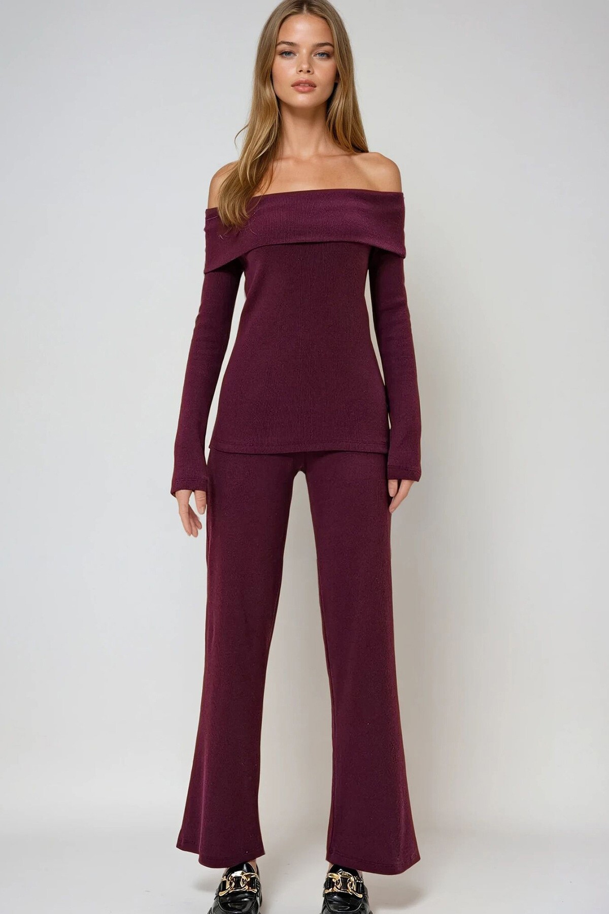 Bordo Madonna Yaka Kaşkorse Bluz Ve Pantolon Takım