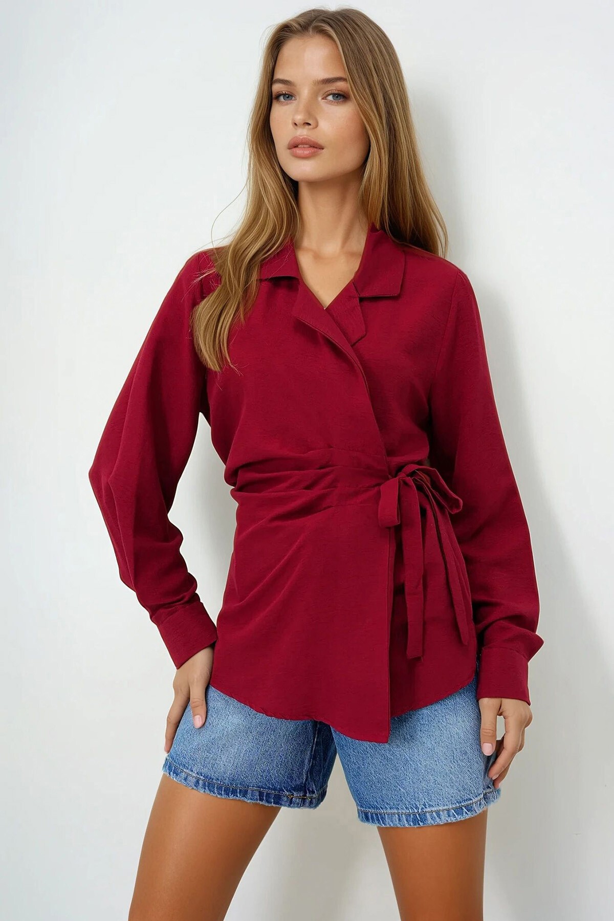 Bordo Manşet Kollu Bağlama Detaylı Regular Normal Kalıp Dokuma Gömlek