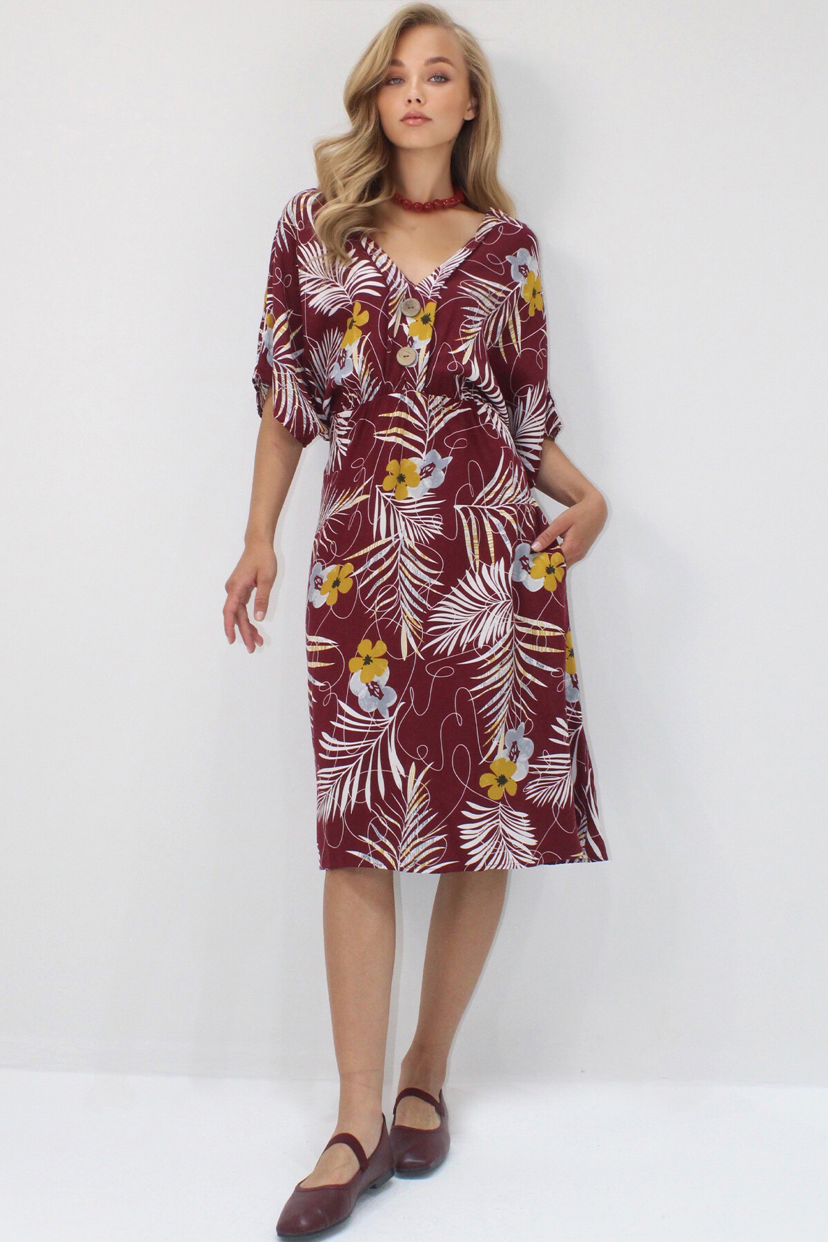 Bordo Ön Arka V Yaka Coconut Düğmeli Çift Cepli Desenli Dokuma Viskon Elbise