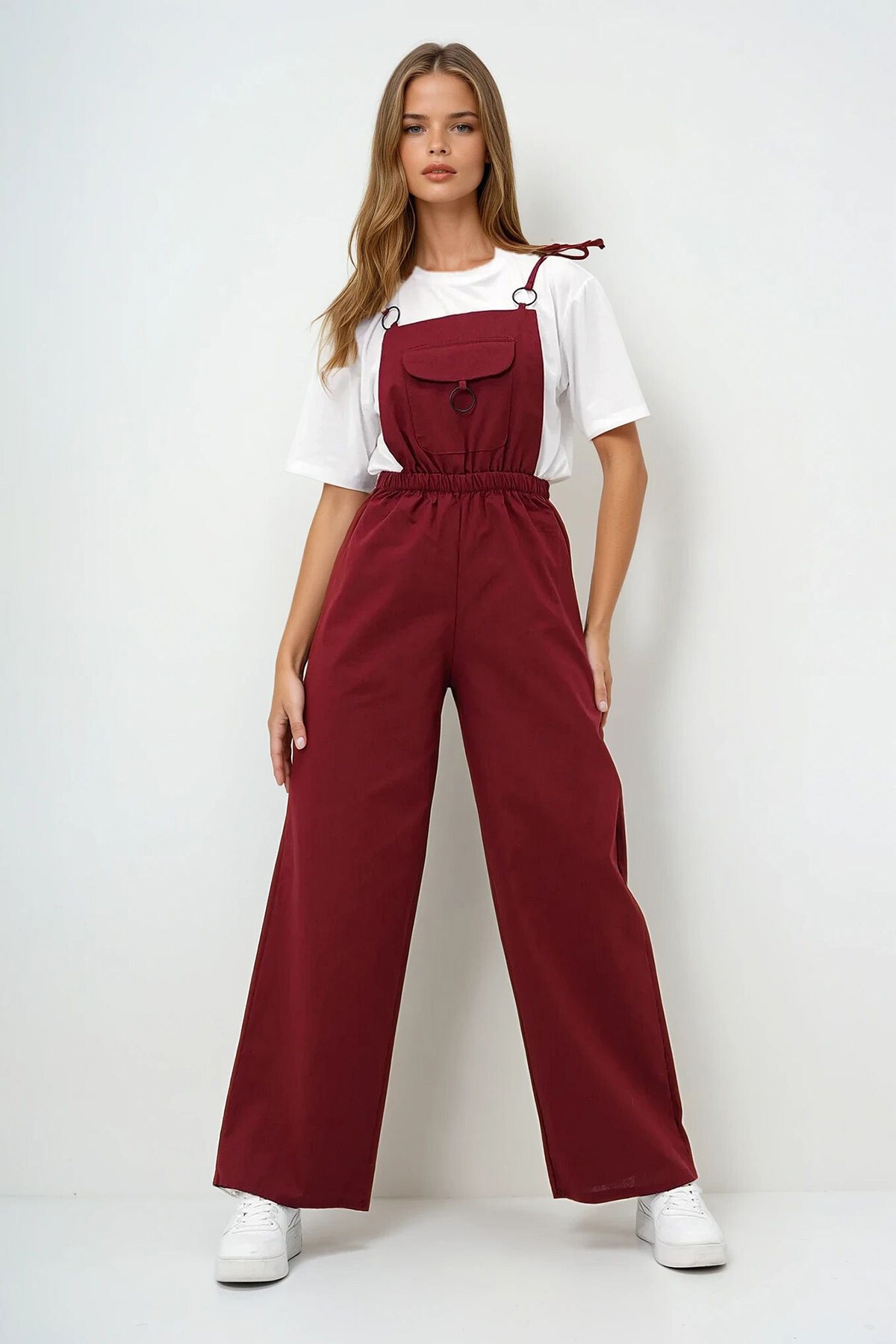 Bordo Önü Cepli Askılı Halka Detaylı Aerobin Salopet Pantolon