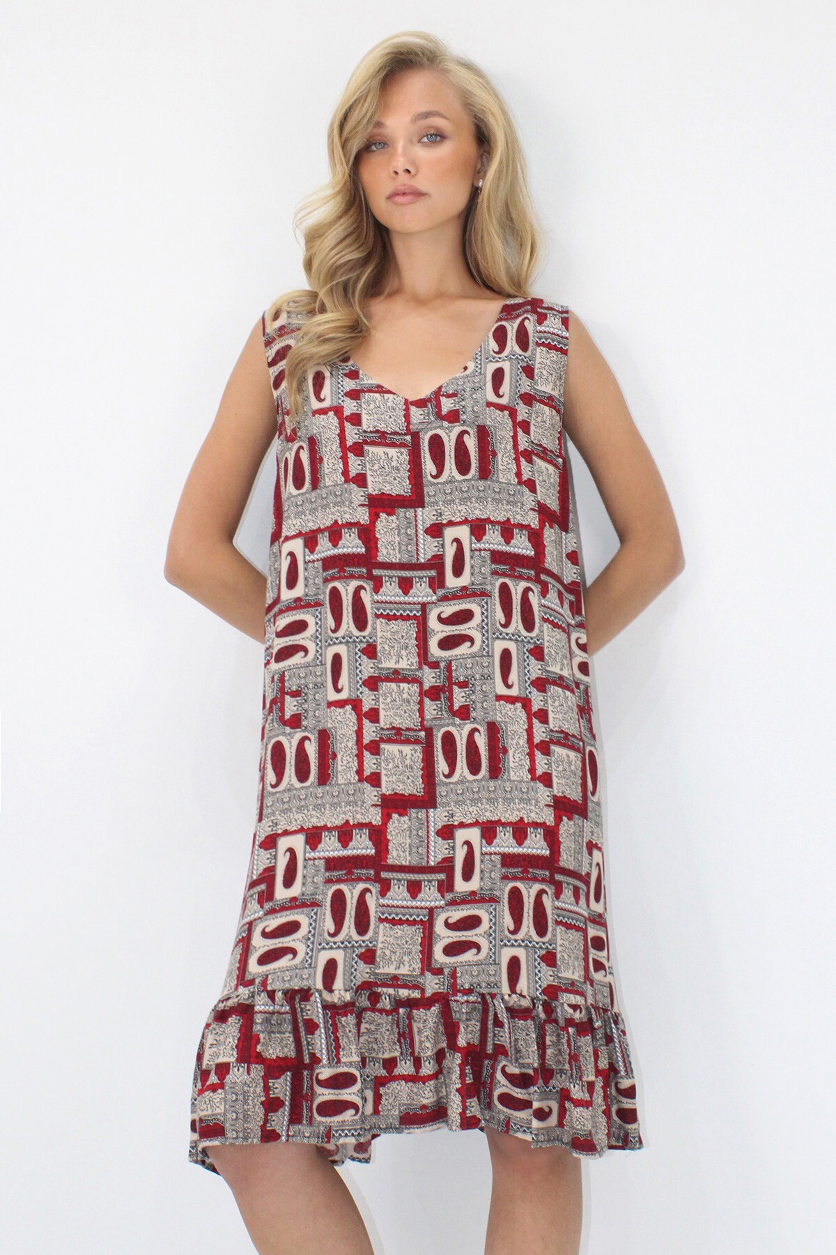 Bordo V Yaka Eteği Fırfırlı A Form Dokuma Viskon Rahat Kalıp Elbise