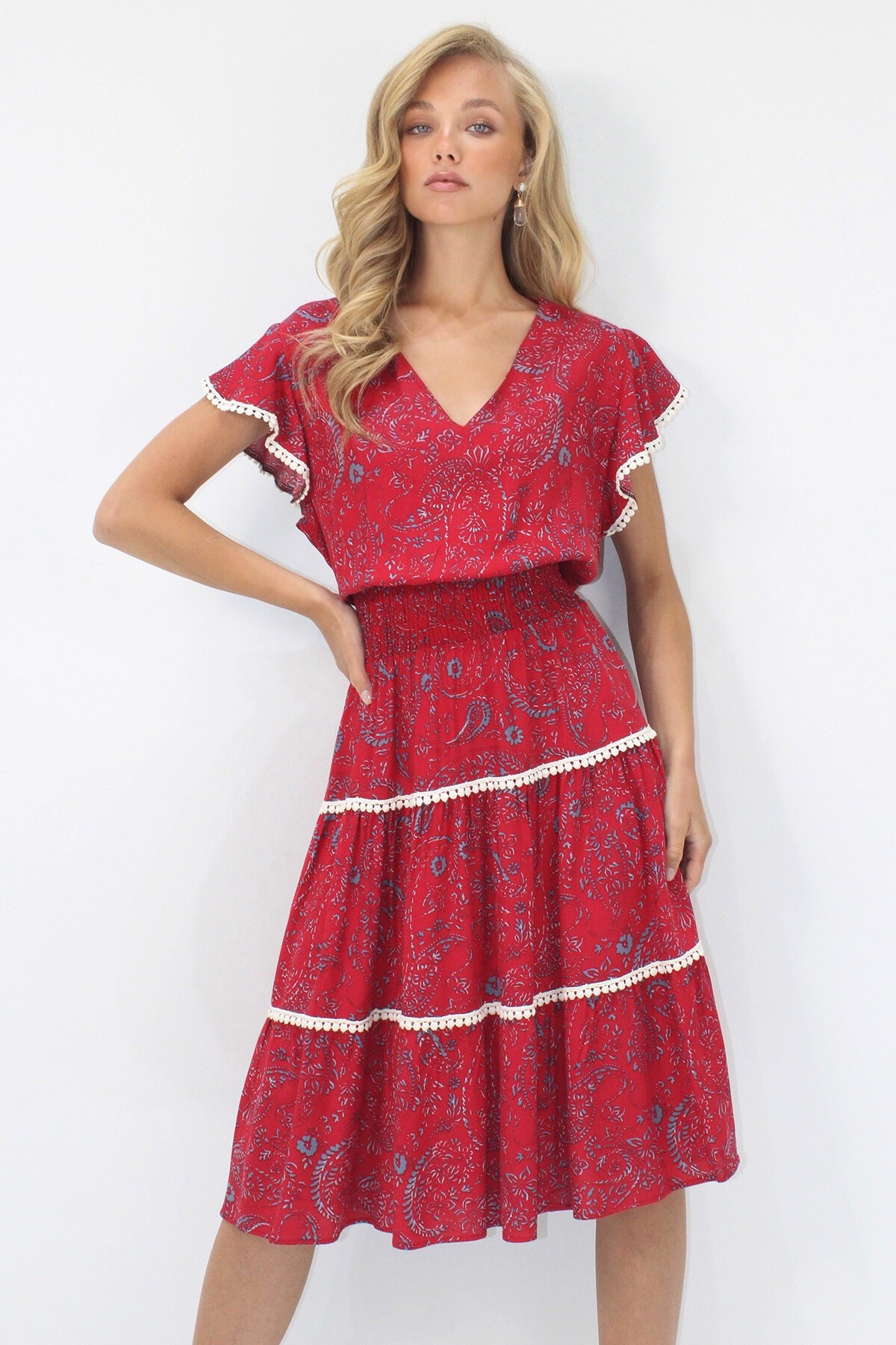 Bordo V Yaka Etnik Desenli Fisto Detaylı Beli Gipeli Dokuma Elbise