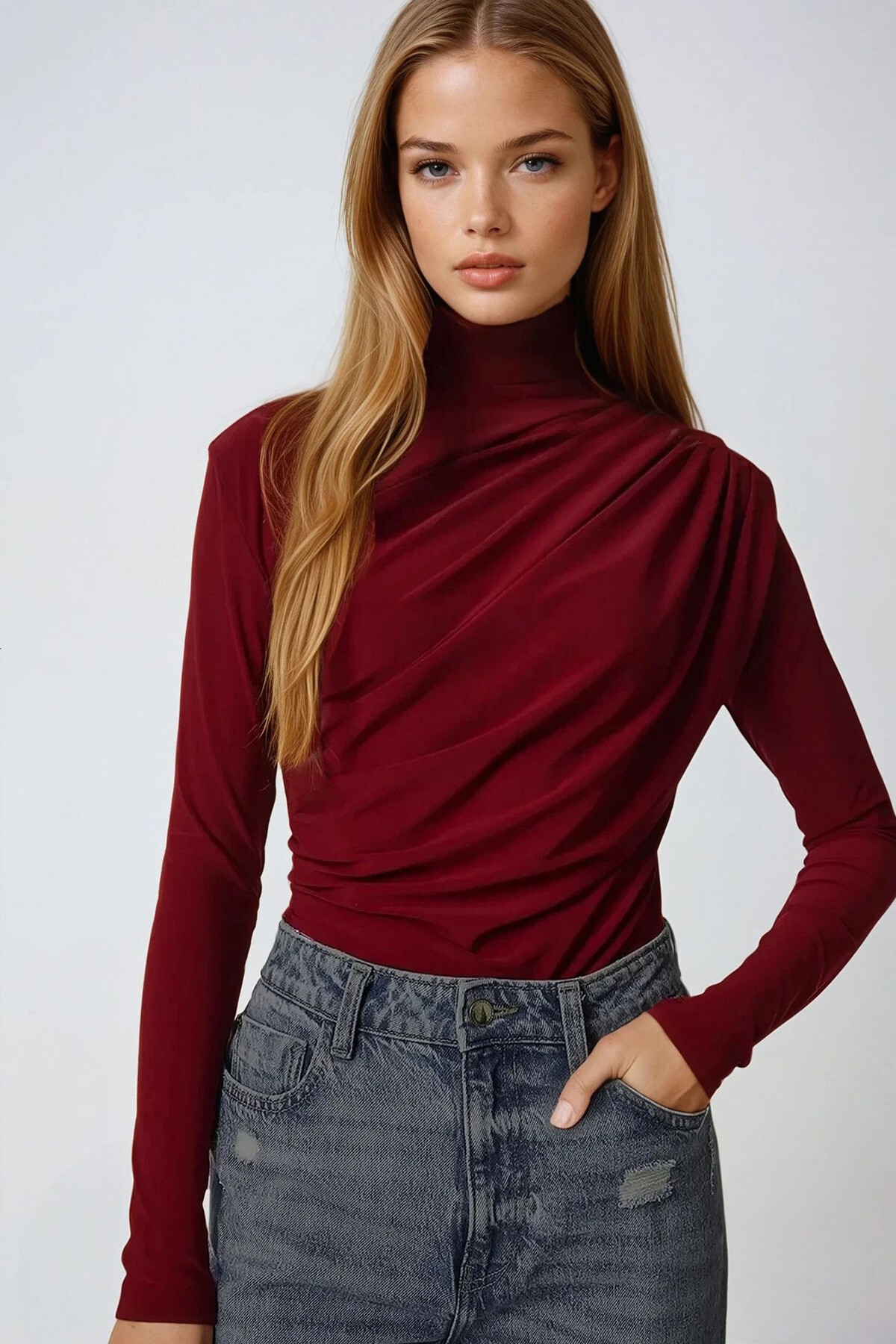 Bordo Yarım Balıkçı Drape Detaylı Sandy Bluz