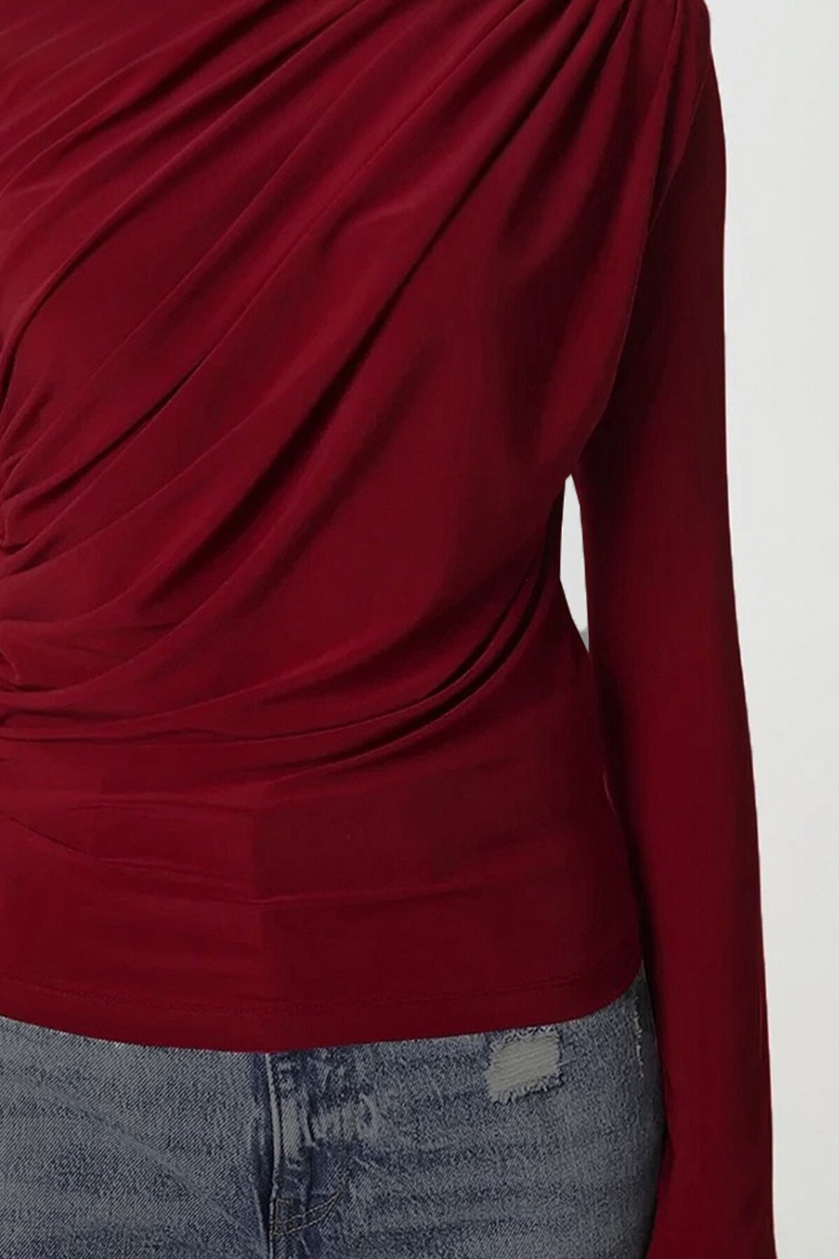 Bordo Yarım Balıkçı Drape Detaylı Sandy Bluz