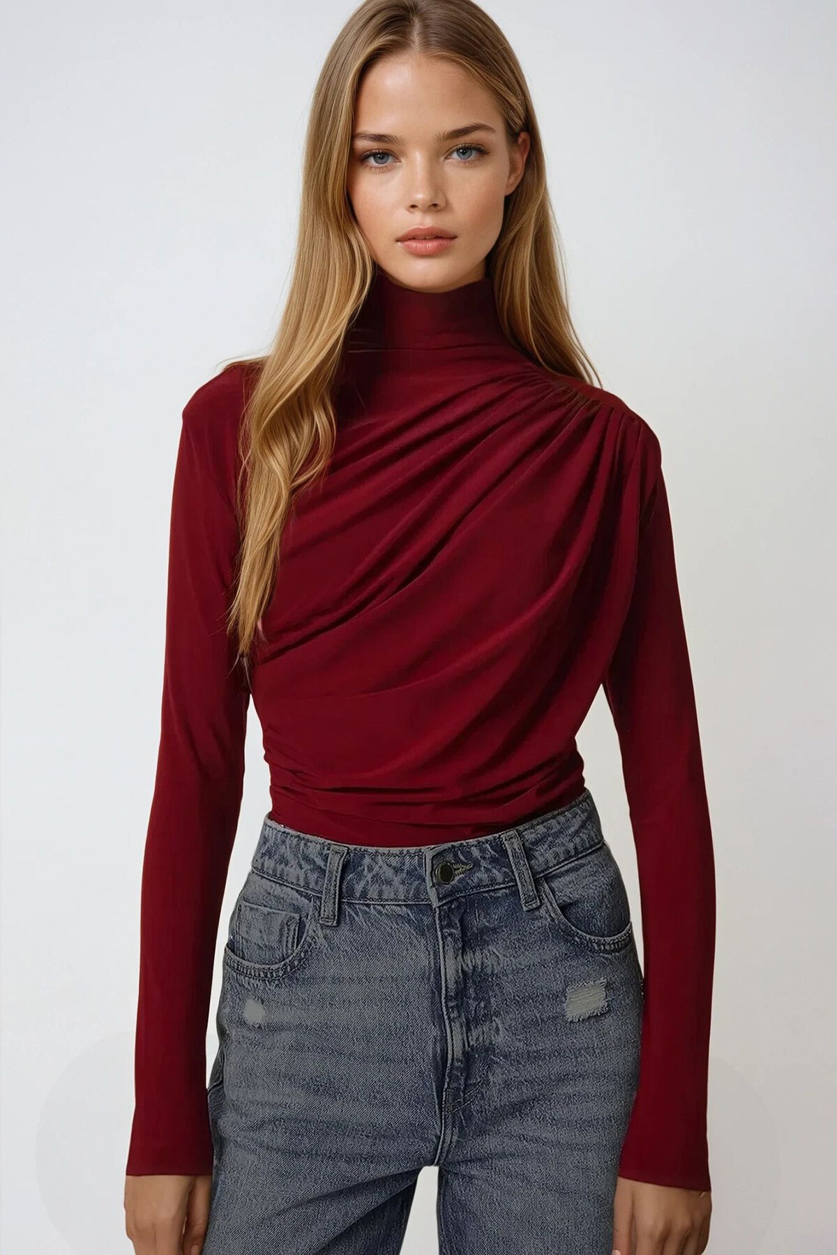 Bordo Yarım Balıkçı Drape Detaylı Sandy Bluz