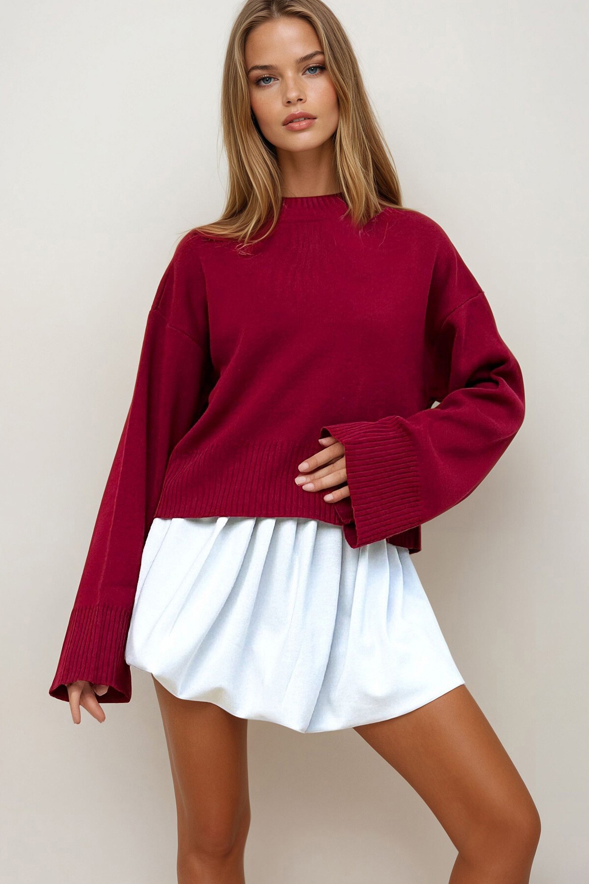 Bordo Yarım Balıkçı Geniş Manşetli Triko Kazak