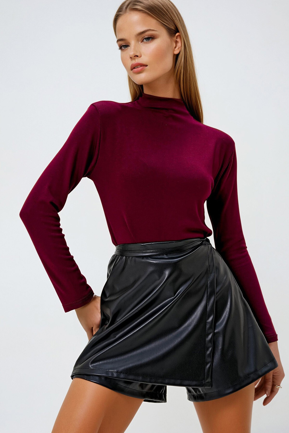 Bordo Yarım Balıkçı Yaka Modal Bluz