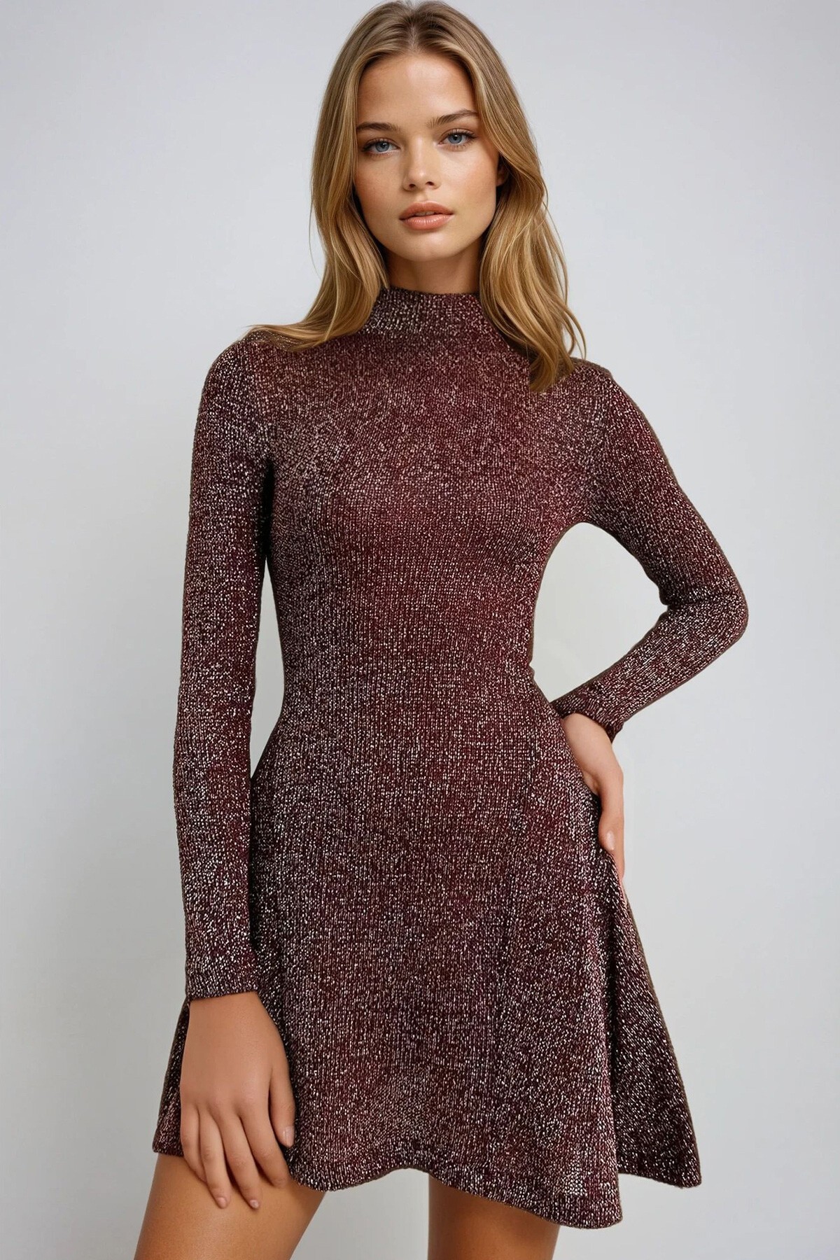 Bordo Yarım Balıkçı Yaka Simli Örme Midi Boy Kloş Elbise