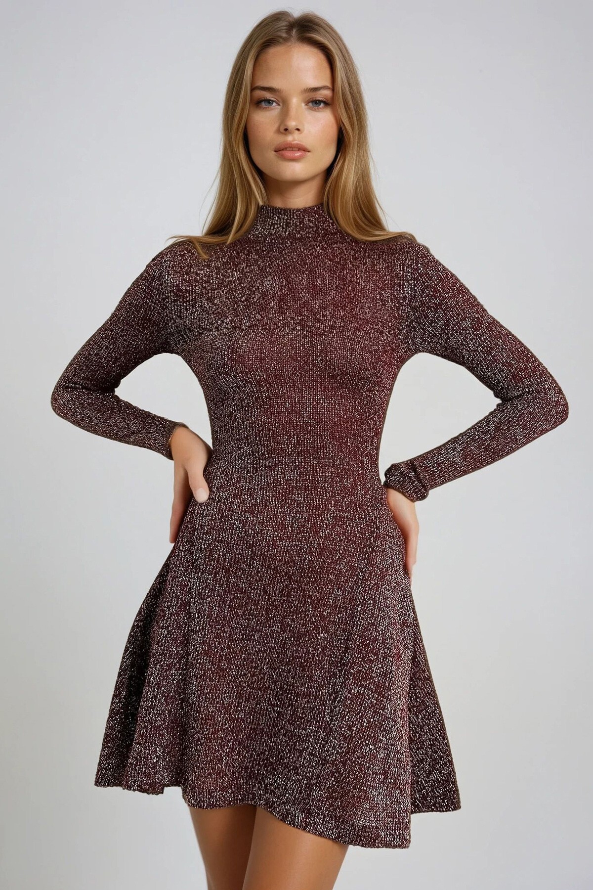 Bordo Yarım Balıkçı Yaka Simli Örme Midi Boy Kloş Elbise