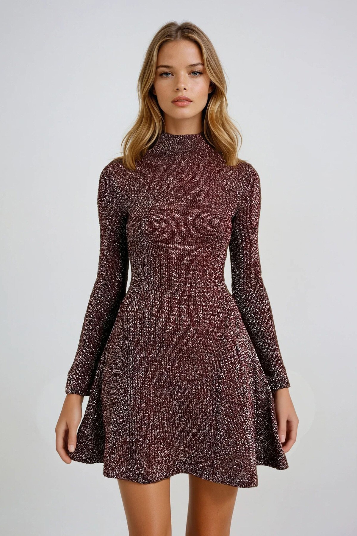 Bordo Yarım Balıkçı Yaka Simli Örme Midi Boy Kloş Elbise