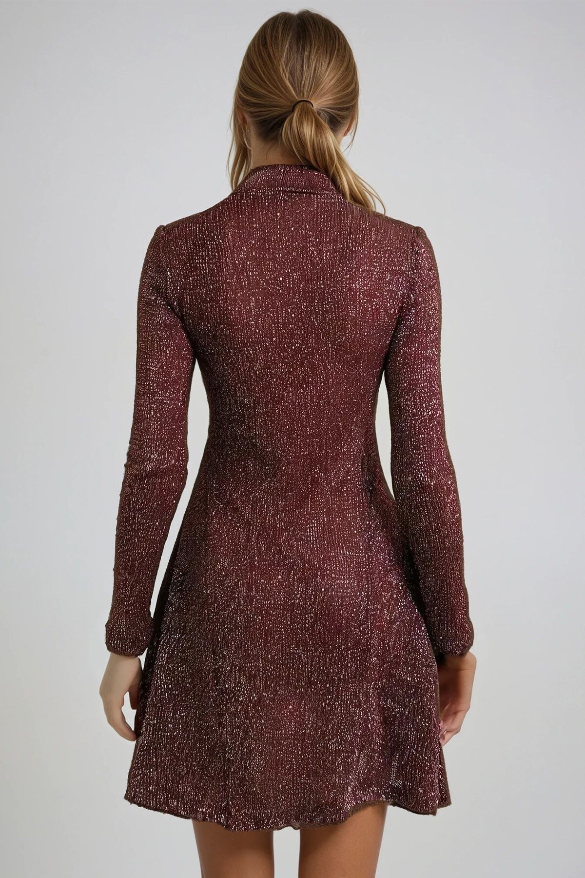 Bordo Yarım Balıkçı Yaka Simli Örme Midi Boy Kloş Elbise