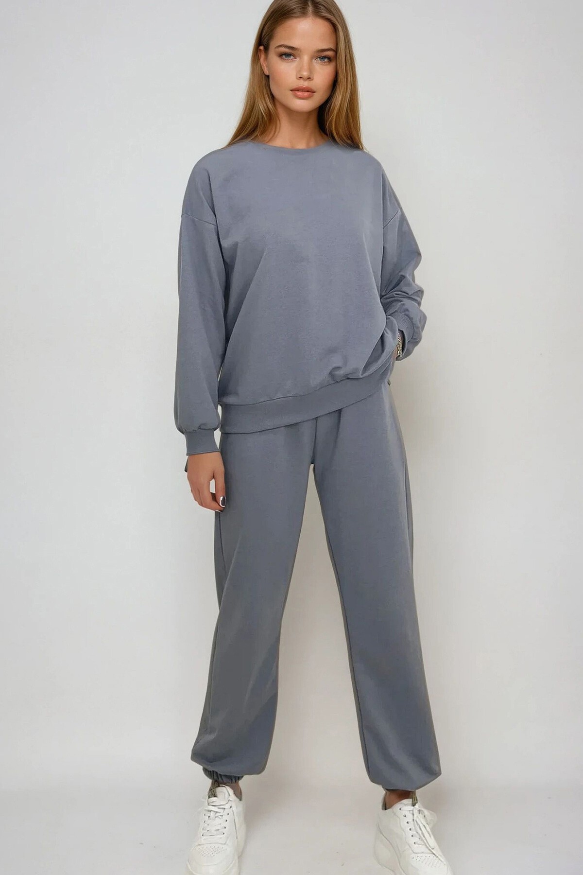 Boyalı Gri Bisiklet Yaka Beli Ve Paçası Lastikli İki İplik Basic Eşofman Takımı
