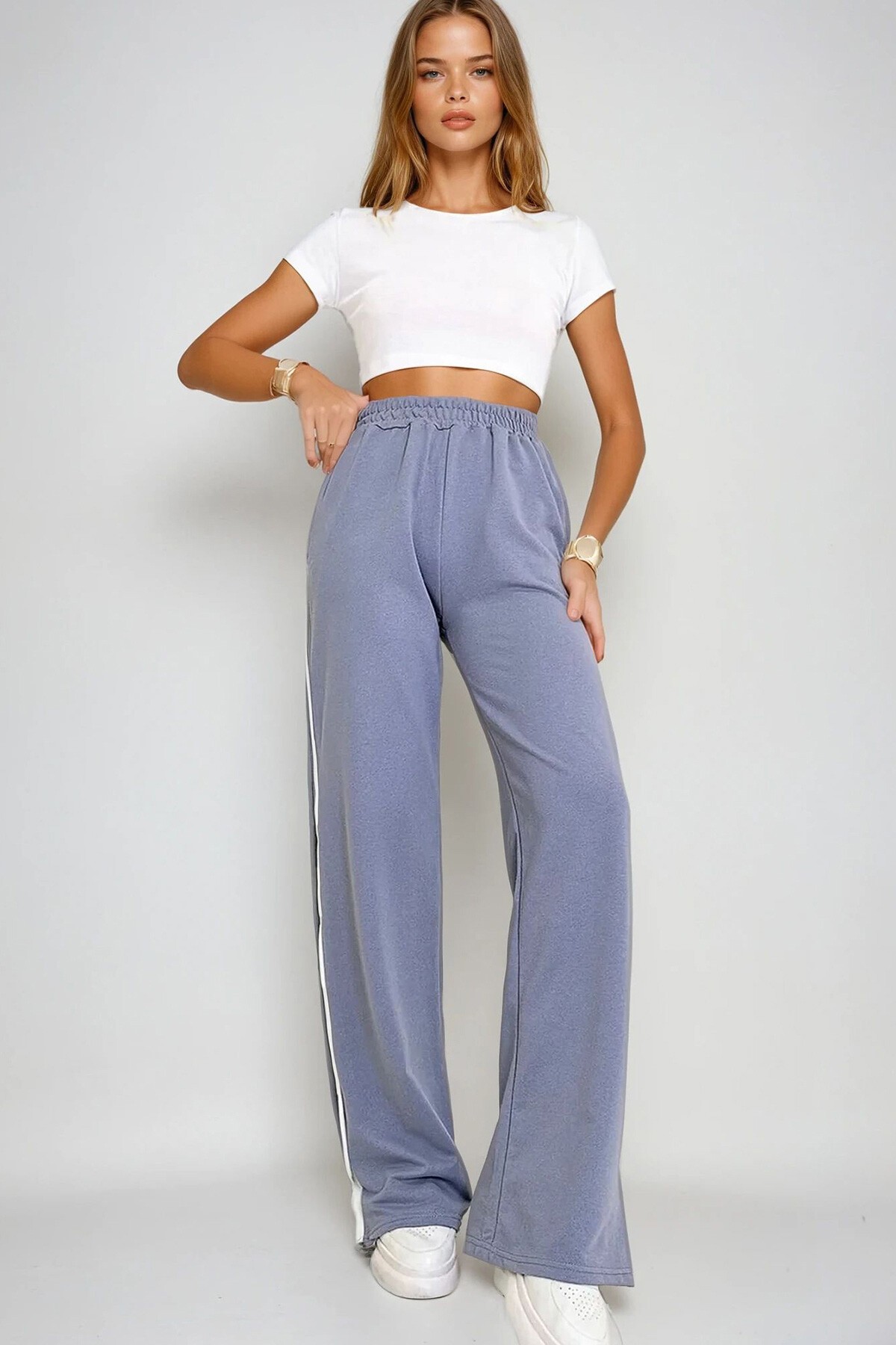 Boyalı Gri Çift Cepli Lastikli Yanları Şeritli Wide Leg Pantolon