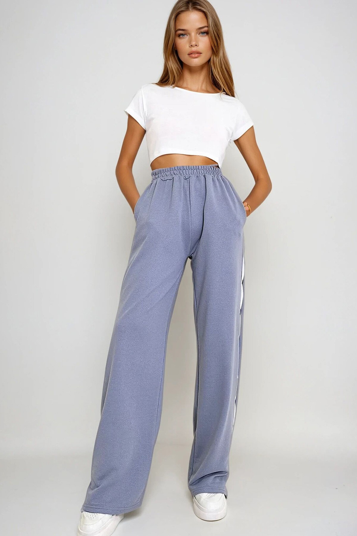 Boyalı Gri Çift Cepli Lastikli Yanları Şeritli Wide Leg Pantolon