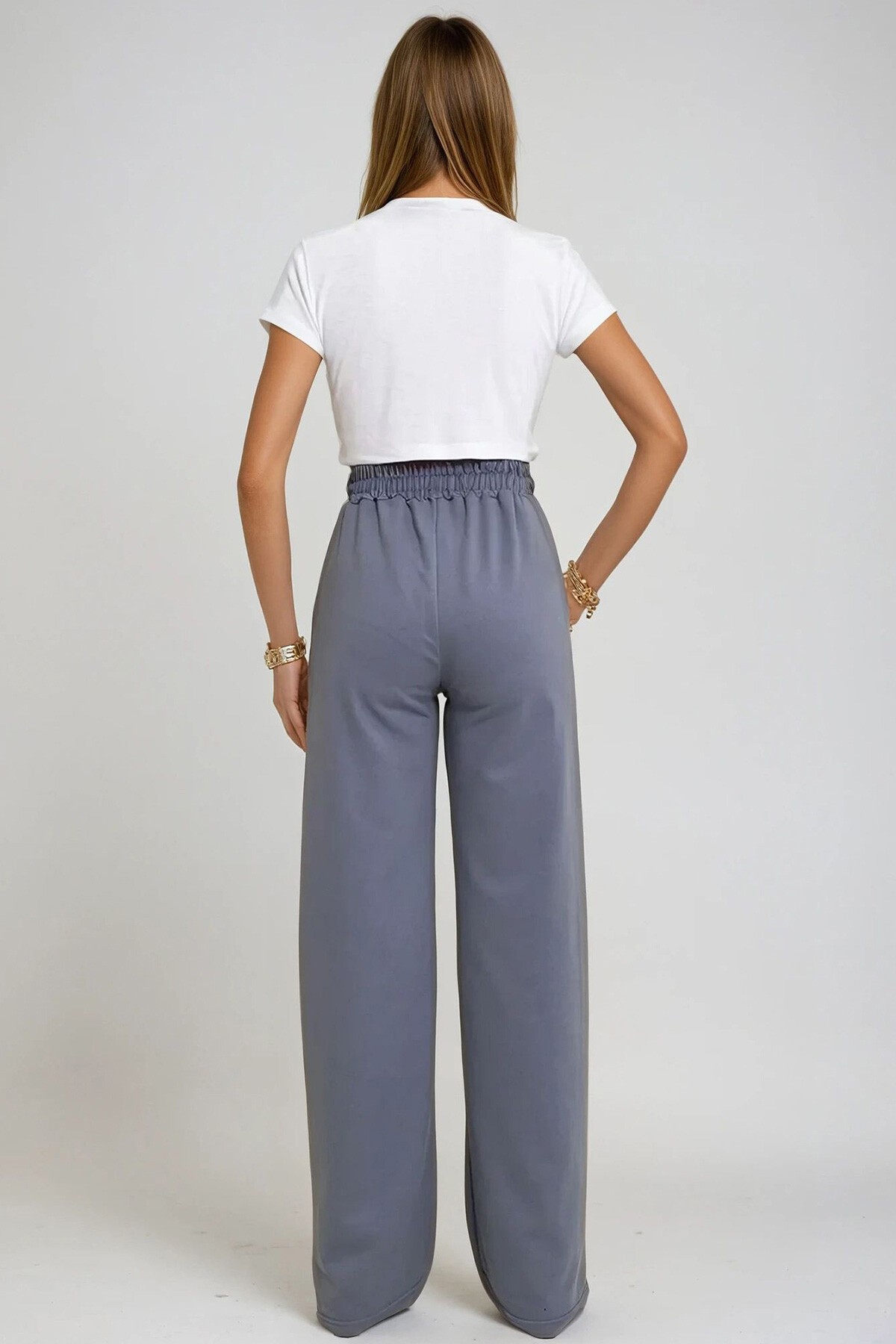 Boyalı Gri Çift Cepli Lastikli Yanları Şeritli Wide Leg Pantolon