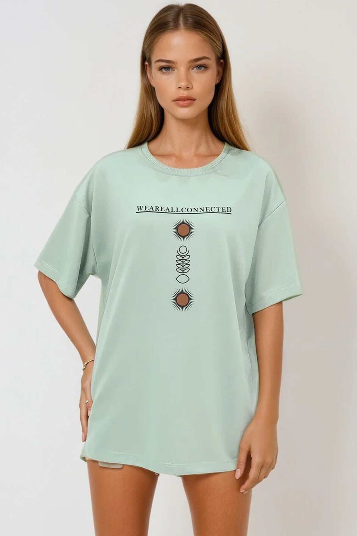 Çağla Yeşili Bisiklet Yaka Baskılı Oversize Unisex T Shirt