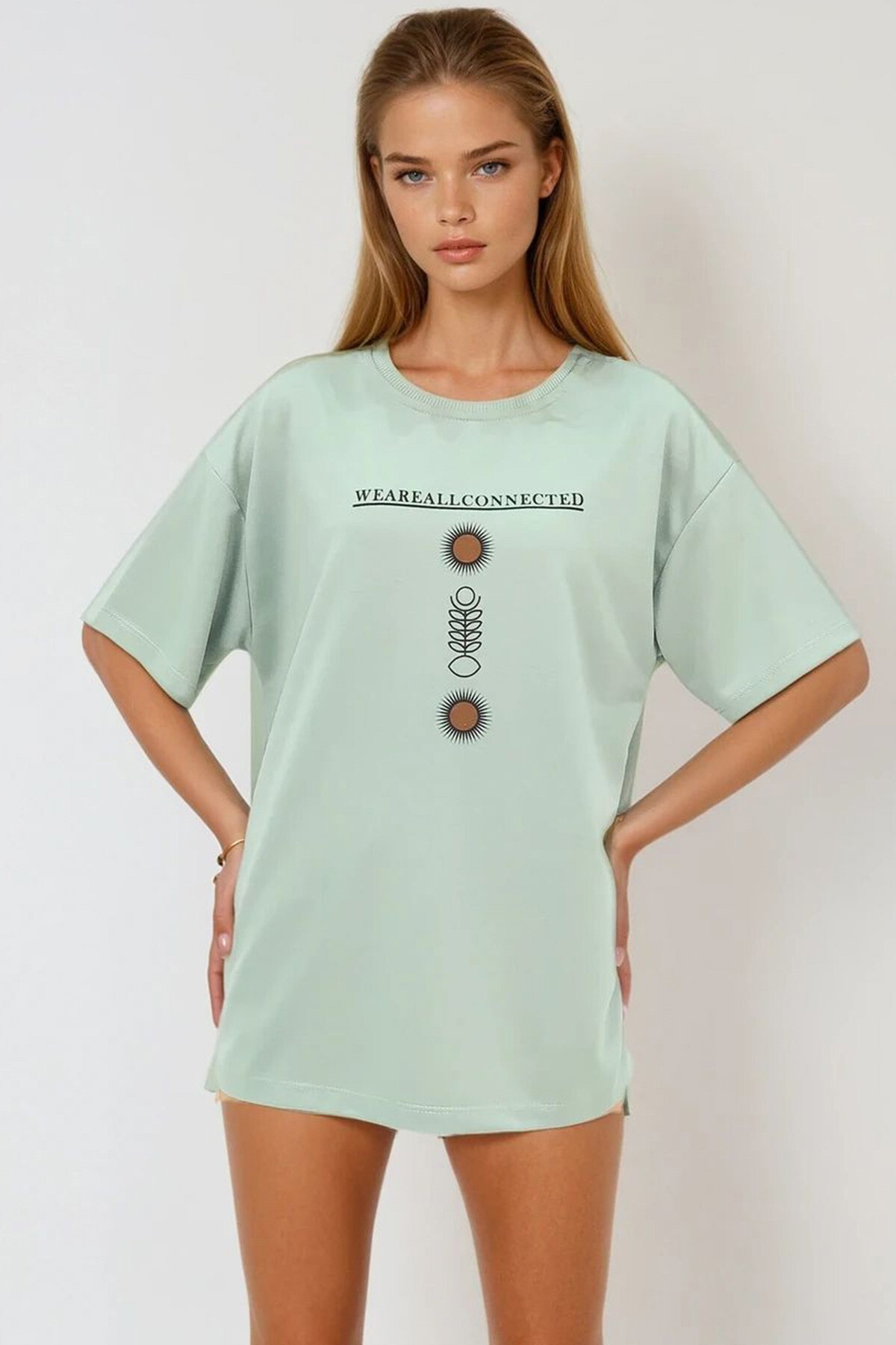 Çağla Yeşili Bisiklet Yaka Baskılı Oversize Unisex T Shirt