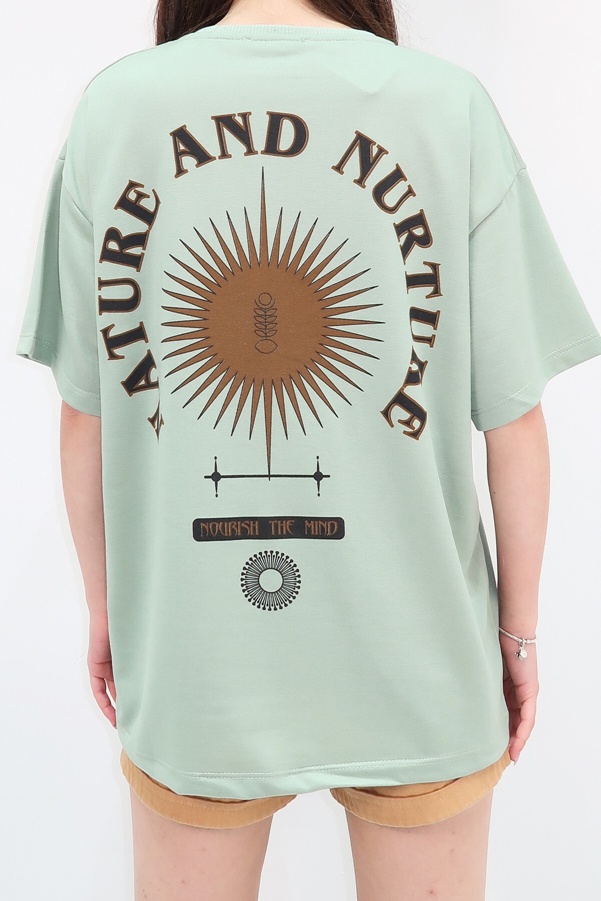 Çağla Yeşili Bisiklet Yaka Baskılı Oversize Unisex T Shirt