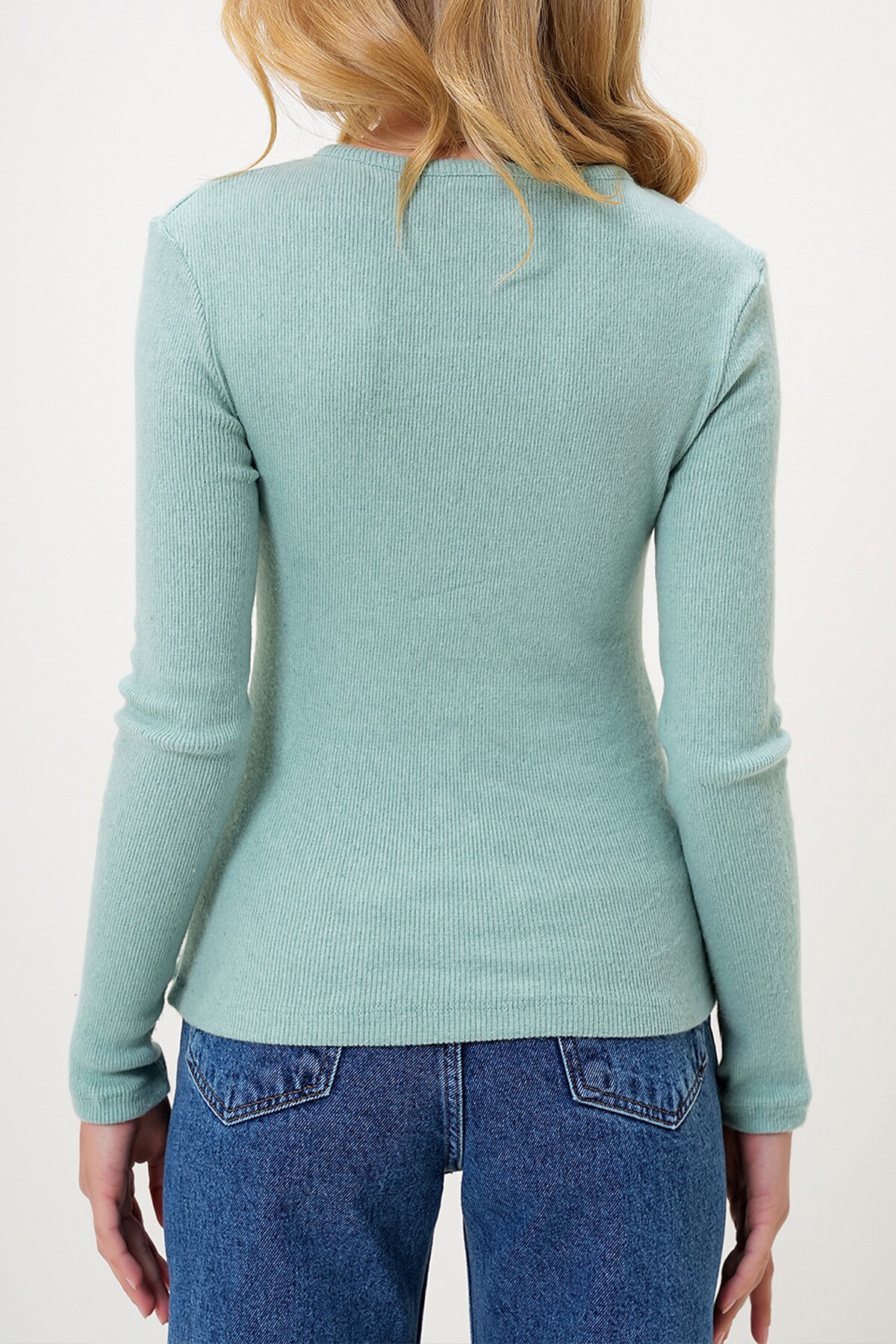 Çağla Yeşili Çıtçıtlı Zımparalı Kaşkorse Bluz