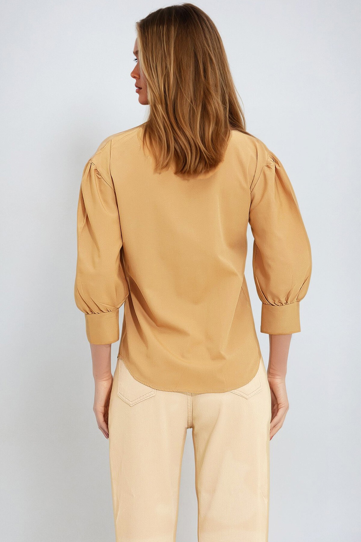Camel Balon Kol Gizli Patlı Dokuma Gömlek