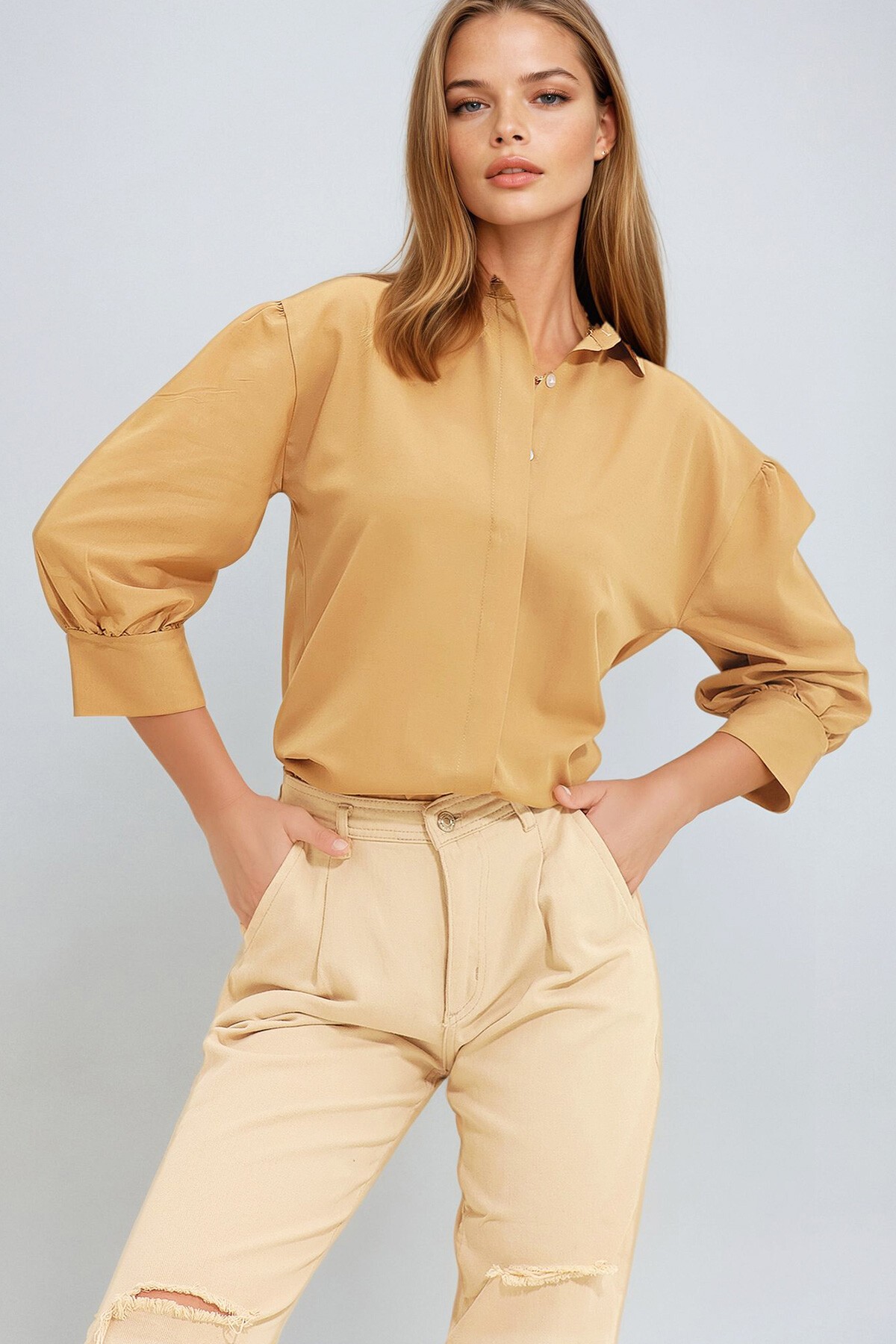 Camel Balon Kol Gizli Patlı Dokuma Gömlek