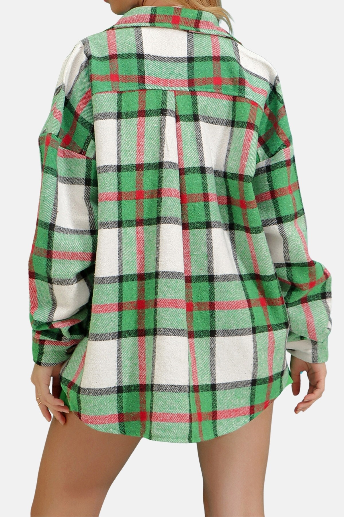 Canlı Yeşil Ekose Desenli Kaşe Pamuklu Oversize Ceket Gömlek
