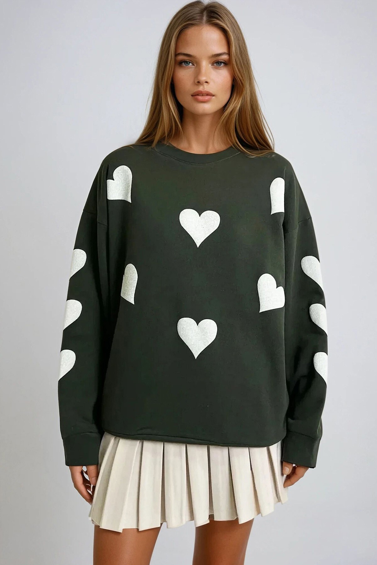 Ceviz Yeşili Bisiklet Yaka Kalp Baskılı 2 İplik Oversize Sweatshırt