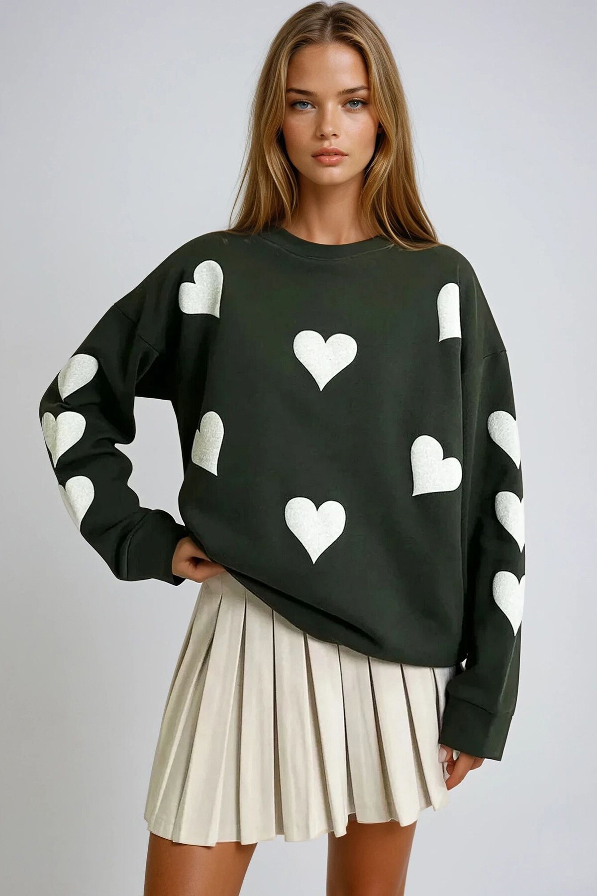 Ceviz Yeşili Bisiklet Yaka Kalp Baskılı 2 İplik Oversize Sweatshırt