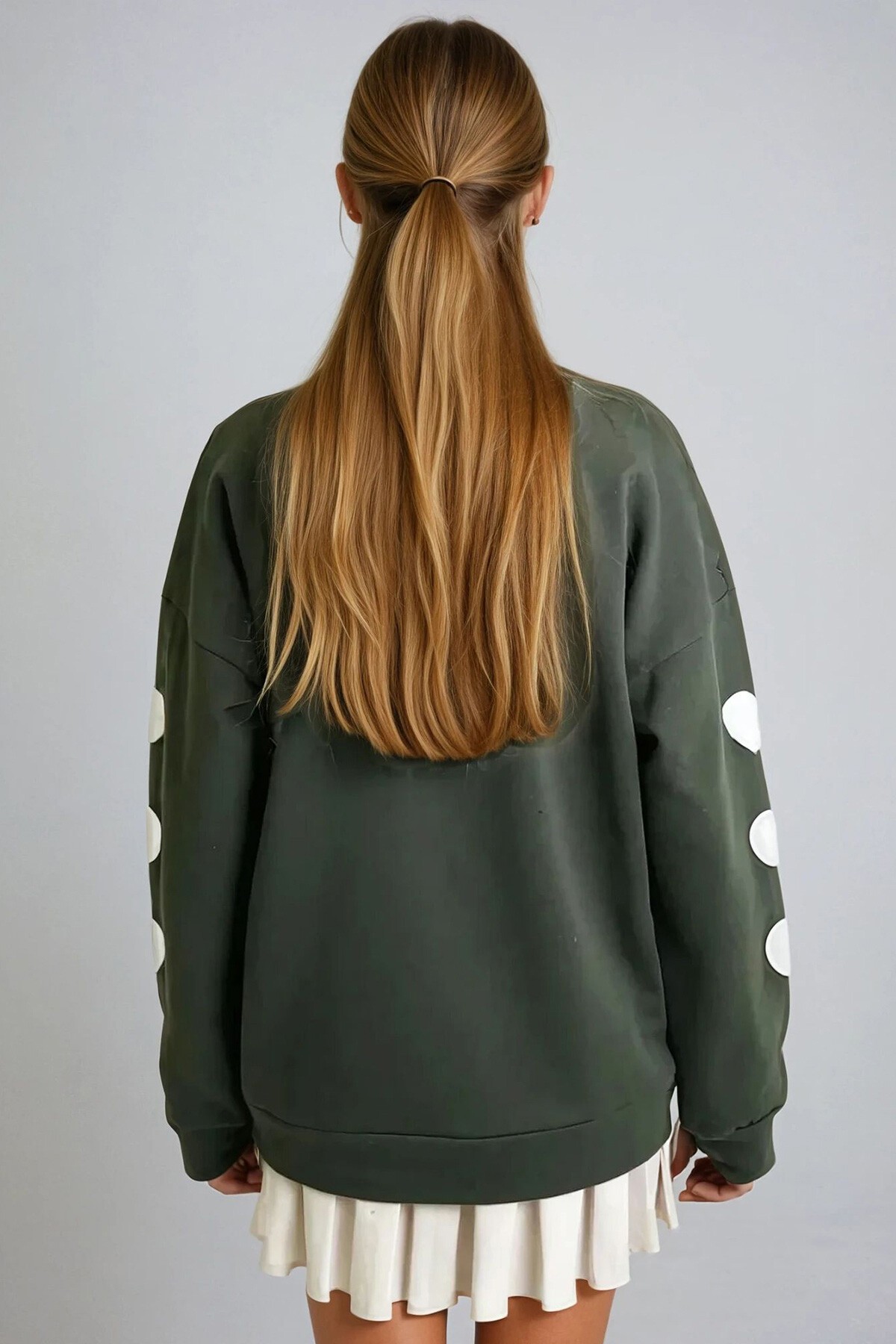 Ceviz Yeşili Bisiklet Yaka Kalp Baskılı 2 İplik Oversize Sweatshırt