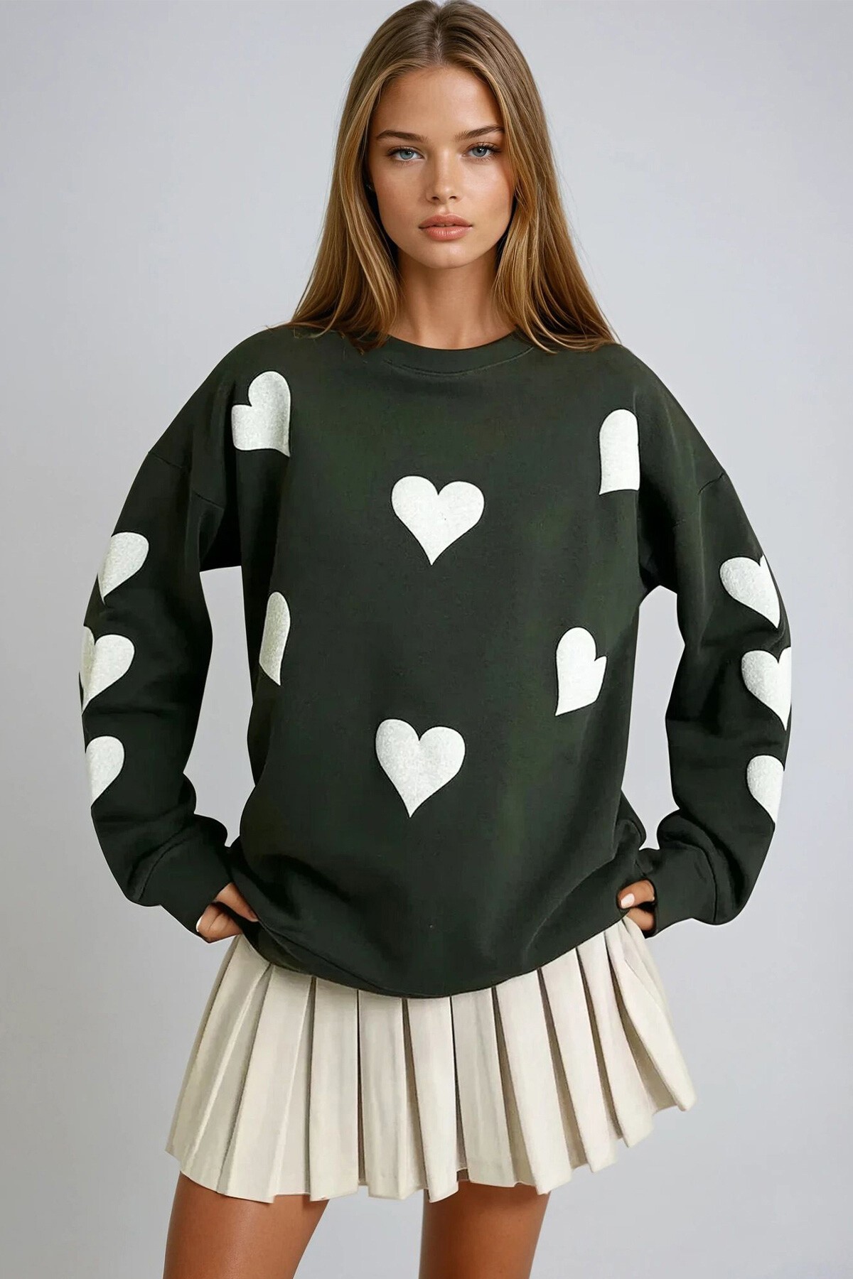 Ceviz Yeşili Bisiklet Yaka Kalp Baskılı 2 İplik Oversize Sweatshırt