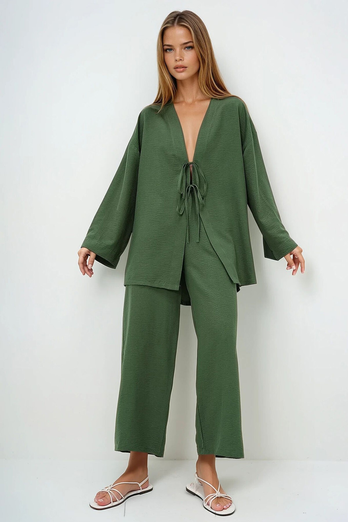 Ceviz Yeşili Önü Bağcıklı Kimono Ceket Ve Palazzo Pantolon Takım