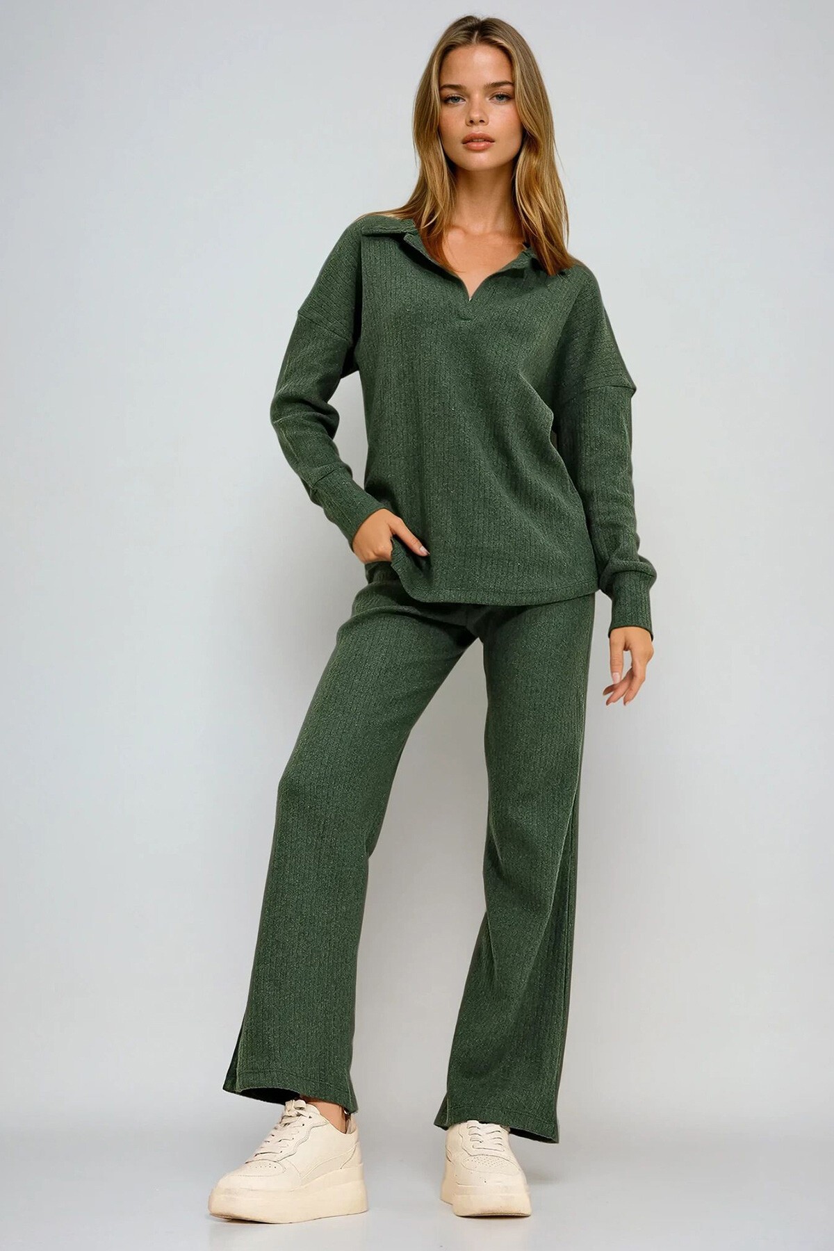 Ceviz Yeşili Polo Yaka Üst Ve Palazzon Pantolon Triko Alt Üst Takım