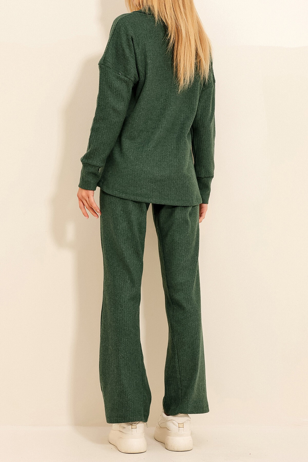 Ceviz Yeşili Polo Yaka Üst Ve Palazzon Pantolon Triko Alt Üst Takım