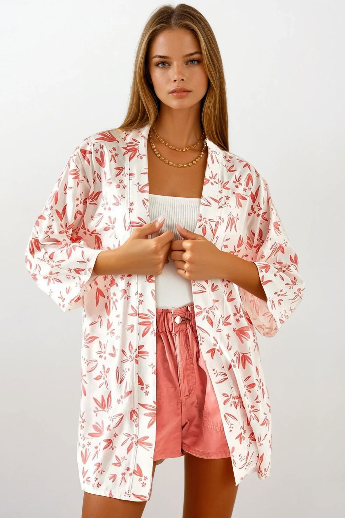 Pembe Çiçek Desenli Dokuma Viskon Kimono