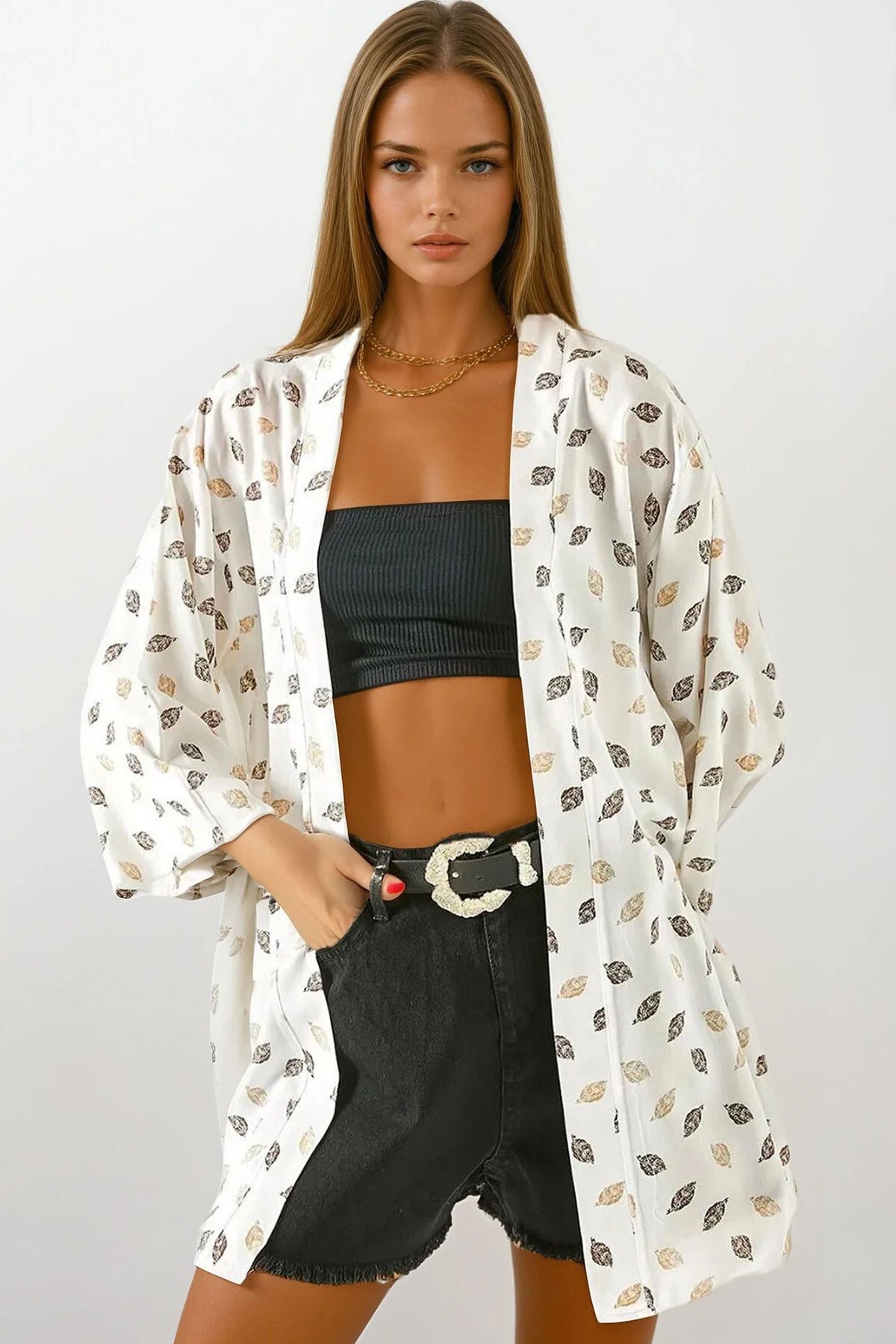 Bej Çiçek Desenli Dokuma Viskon Kimono