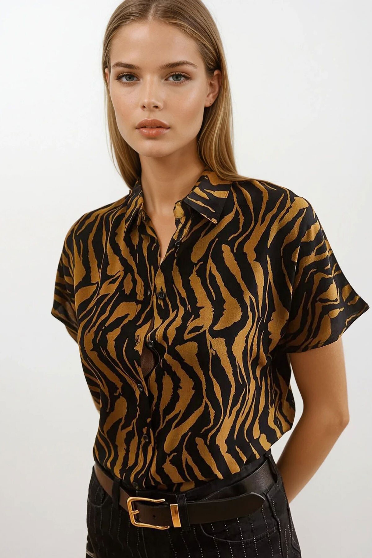 Hardal Çiçekli Viskon Yarasa Gömlek