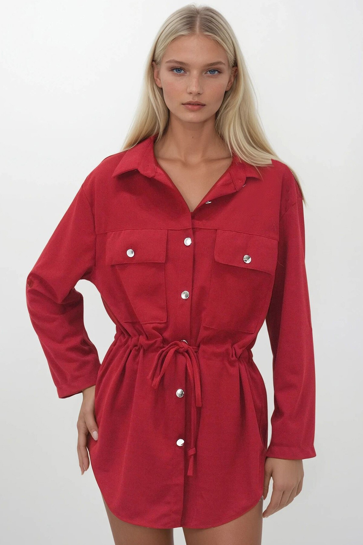 Bordo Çift Cepli Belden Bağlamalı Aerobin Safari Gömlek