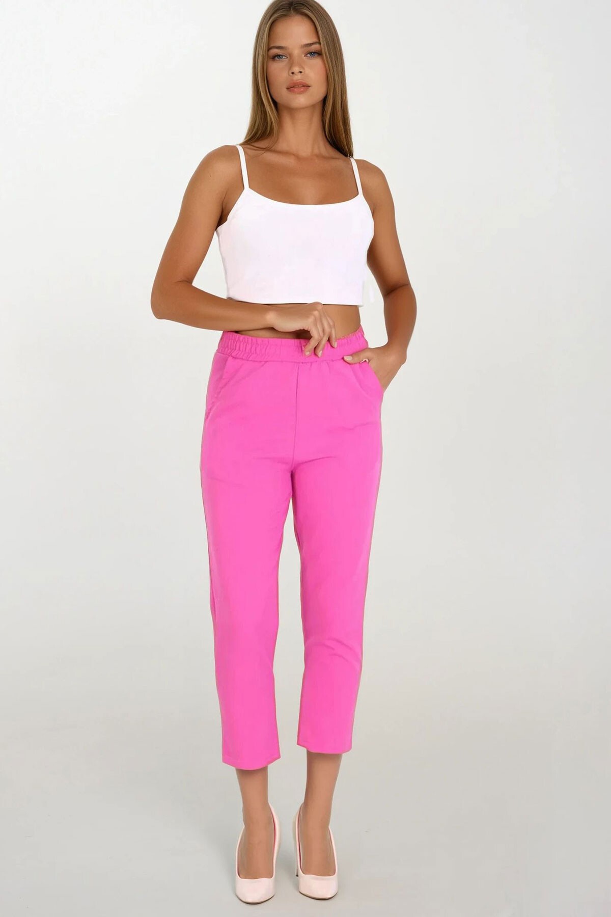 Pembe Çift Cepli Beli Lastikli Havuç Pantolon