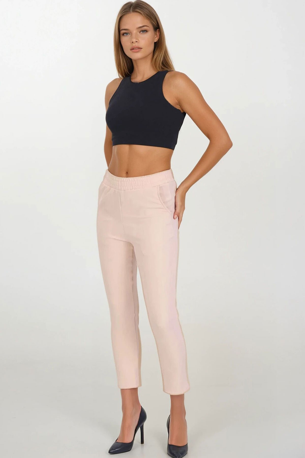 Bej Çift Cepli Beli Lastikli Havuç Pantolon