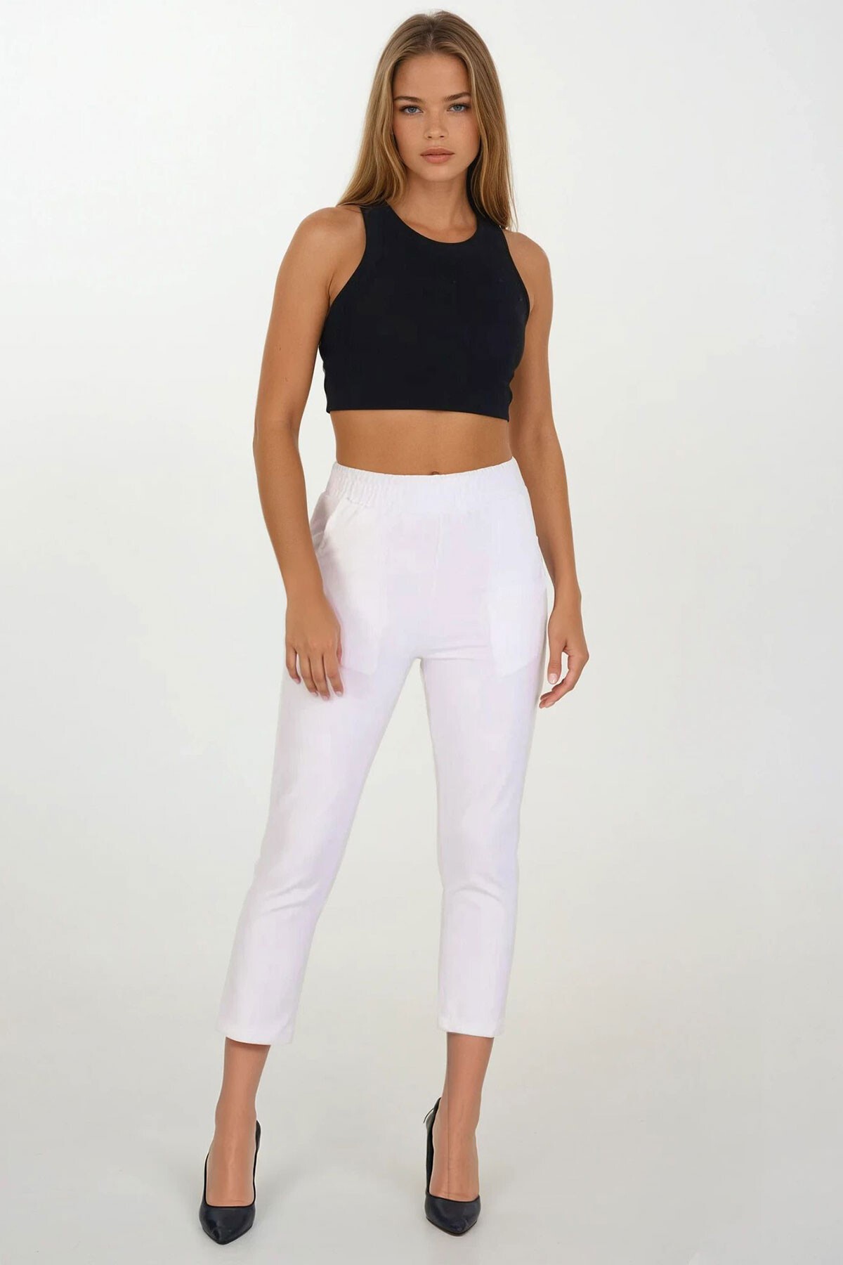 Beyaz Çift Cepli Beli Lastikli Havuç Pantolon
