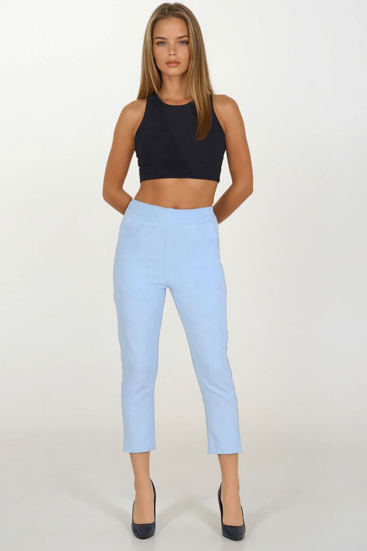 Mavi Çift Cepli Beli Lastikli Havuç Pantolon