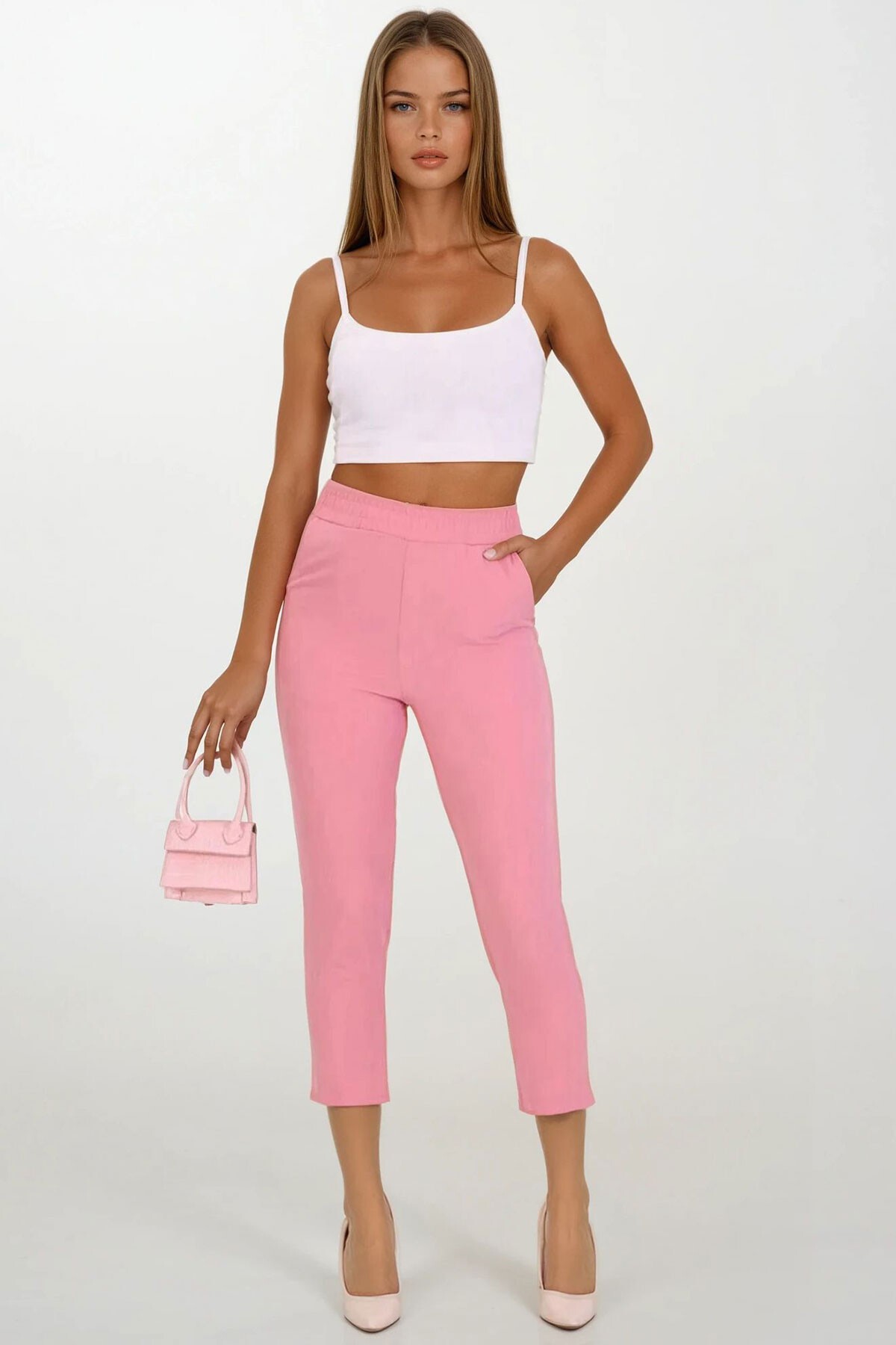 Pudra Çift Cepli Beli Lastikli Havuç Pantolon