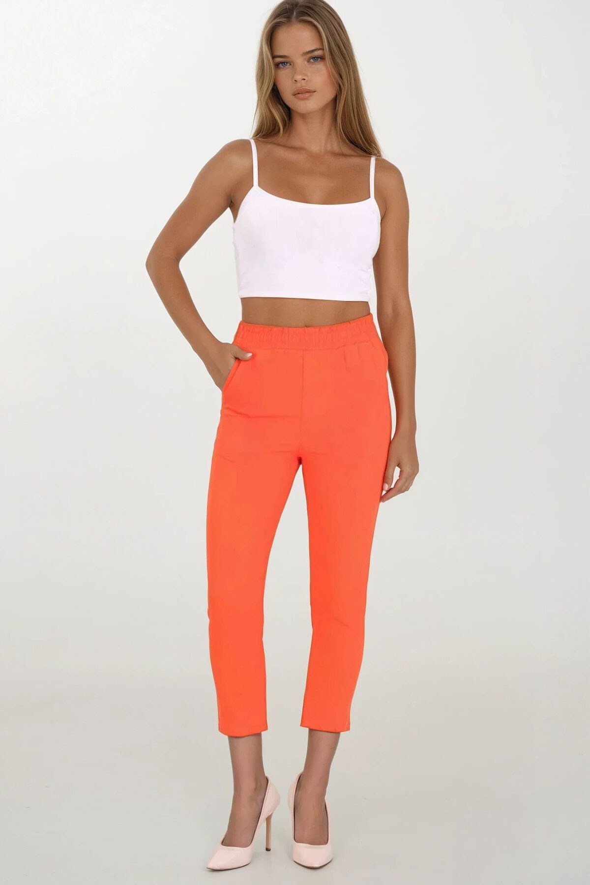 Turuncu Çift Cepli Beli Lastikli Havuç Pantolon